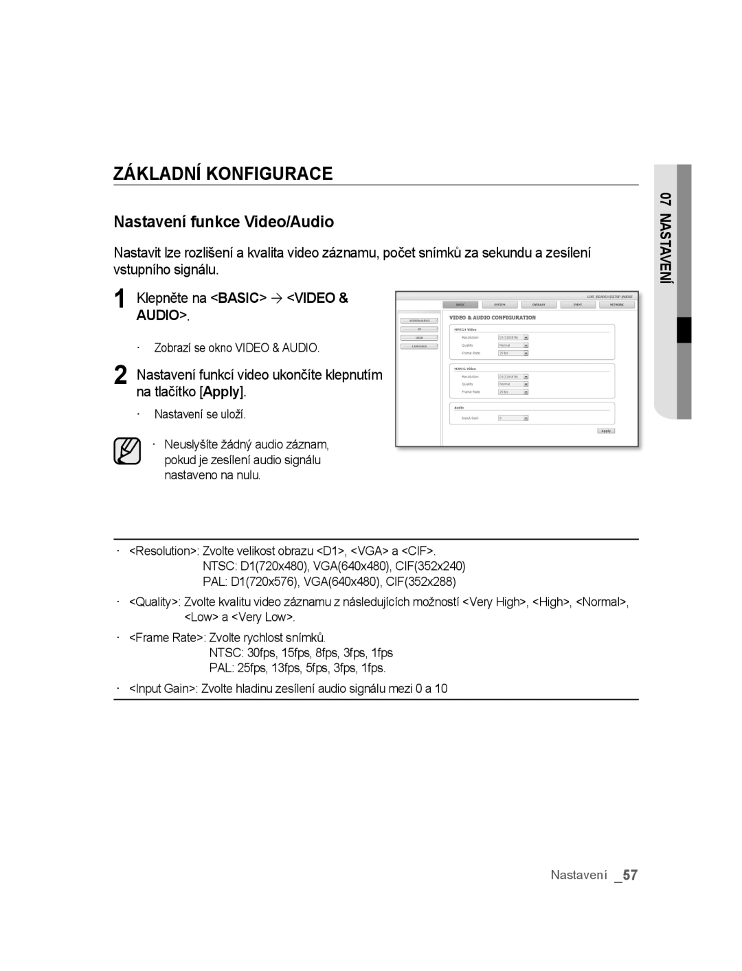 Samsung SNC-B5395P manual Základní Konfigurace, Nastavení funkce Video/Audio, · Zobrazí se okno Video & Audio 