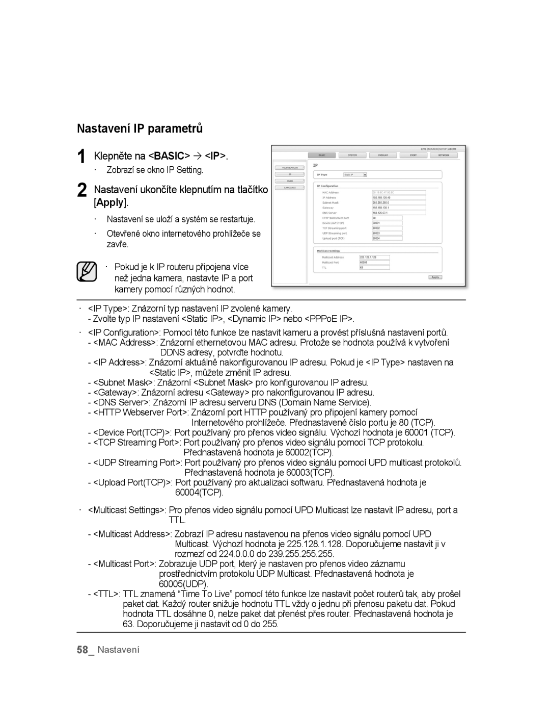 Samsung SNC-B5395P manual Nastavení IP parametrů, Klepněte na Basic ´ IP, Nastavení ukončíte klepnutím na tlačítko Apply 