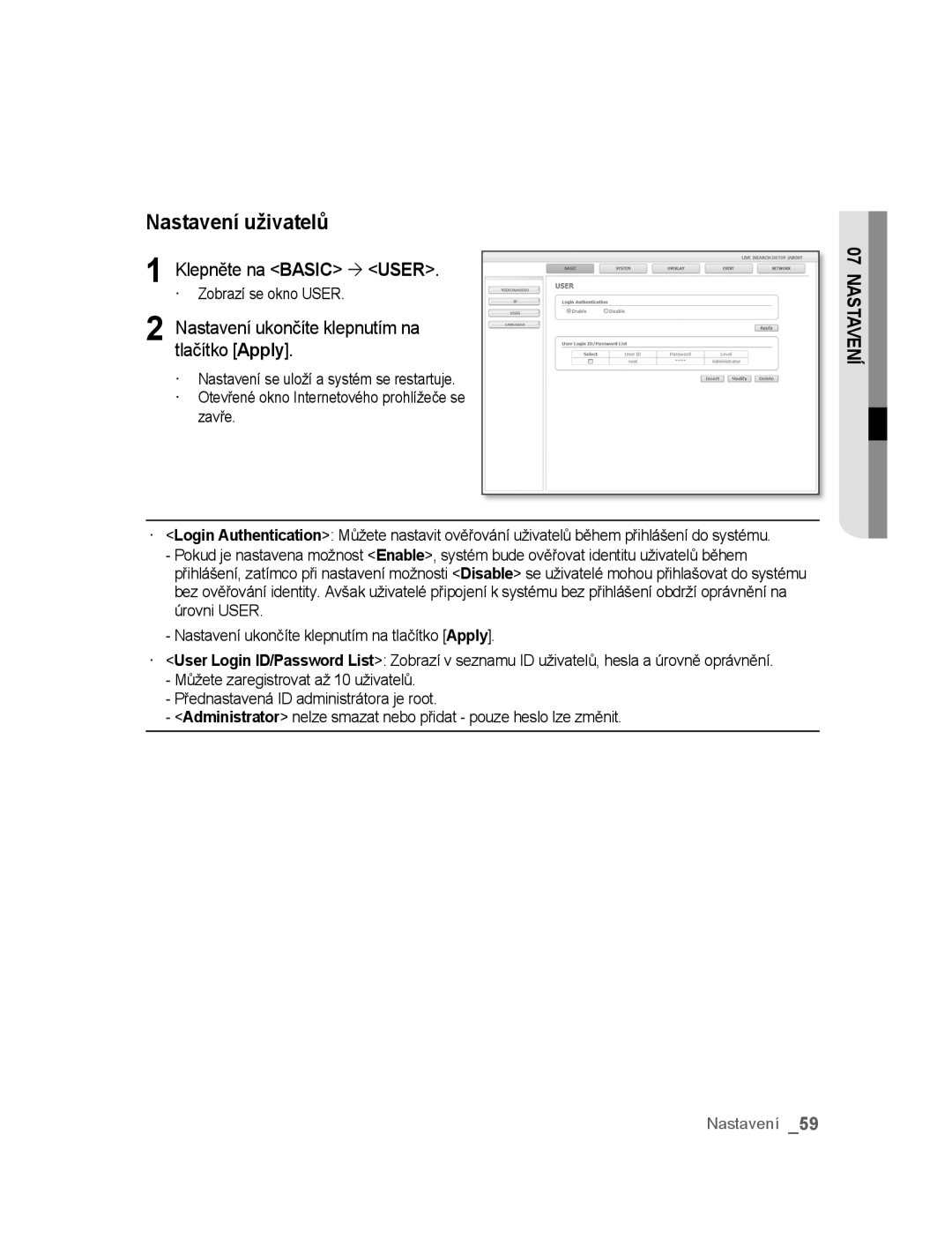 Samsung SNC-B5395P manual Nastavení uživatelů, Klepněte na Basic ´ User, · Zobrazí se okno User 