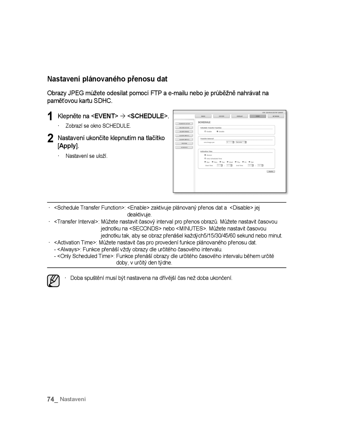 Samsung SNC-B5395P manual Nastavení plánovaného přenosu dat, · Zobrazí se okno Schedule 