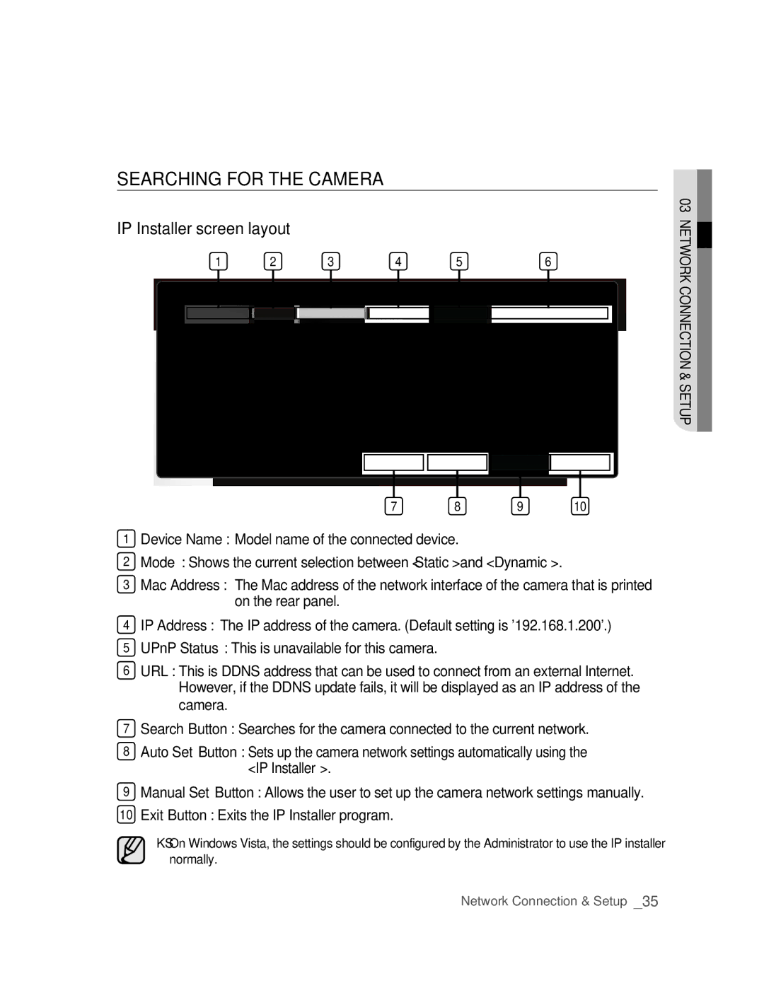 Samsung SNC-B5395P manual SEARChING for ThE Camera, IP Installer screen layout 