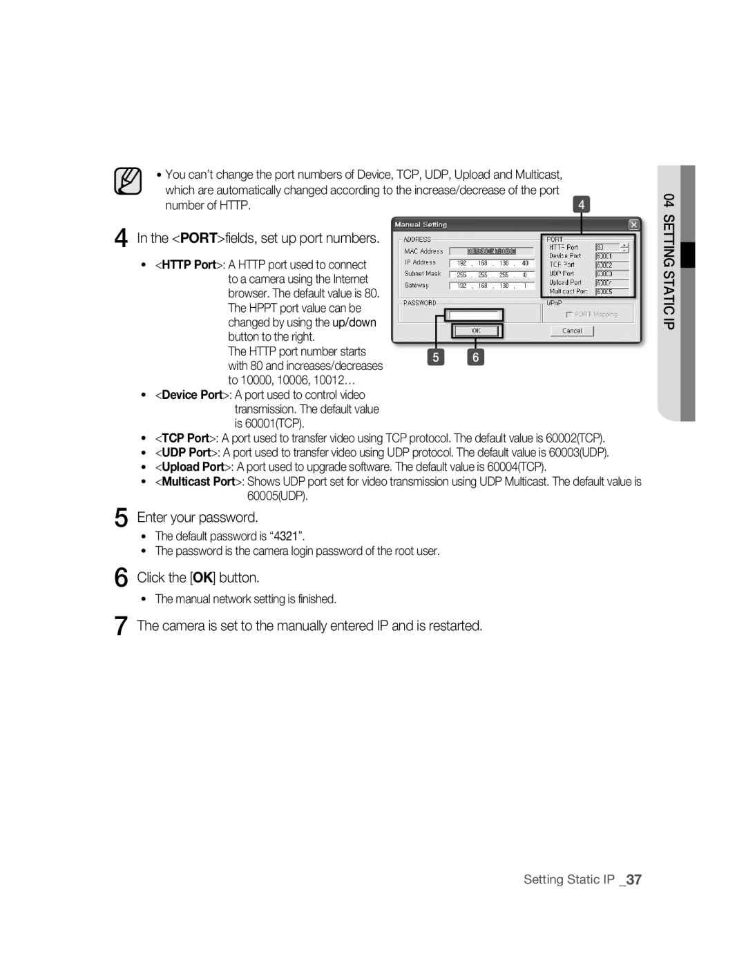 Samsung SNC-B5395P manual PORTfields, set up port numbers, Enter your password, Number of Http, Is 60001TCP 