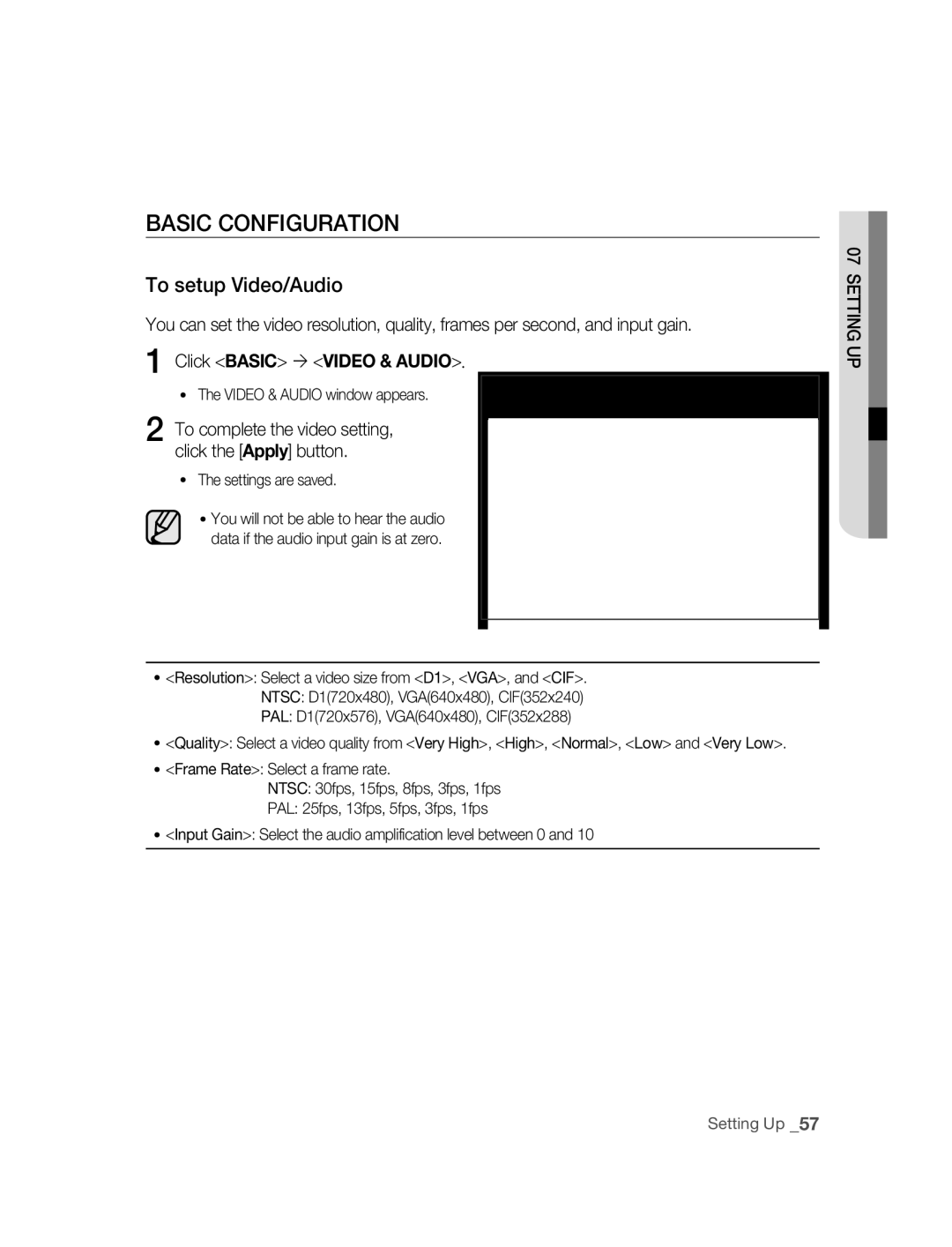 Samsung SNC-B5395P manual To setup Video/Audio, Click Basic  Video & Audio 