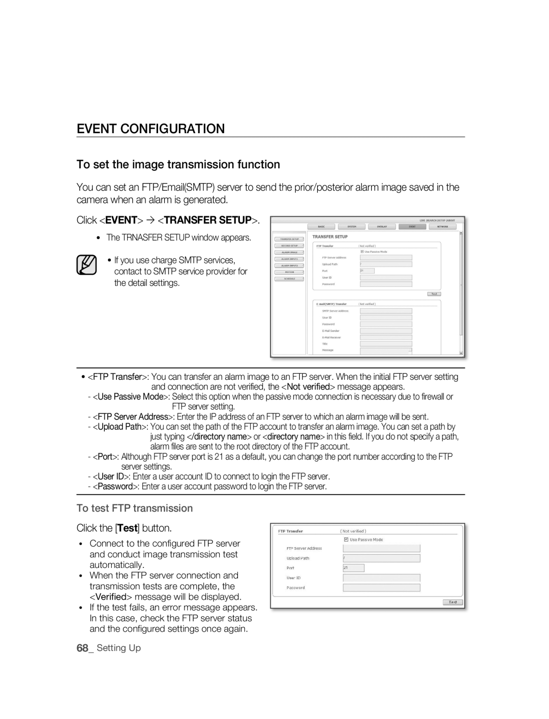 Samsung SNC-B5395P manual To set the image transmission function, Click Event  Transfer Setup, Click the Test button 