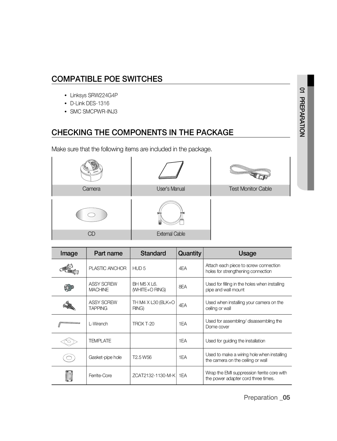 Samsung SNC-B5395P manual COMPATIBlE POE SWITChES, ChECKING ThE Components in ThE Package 