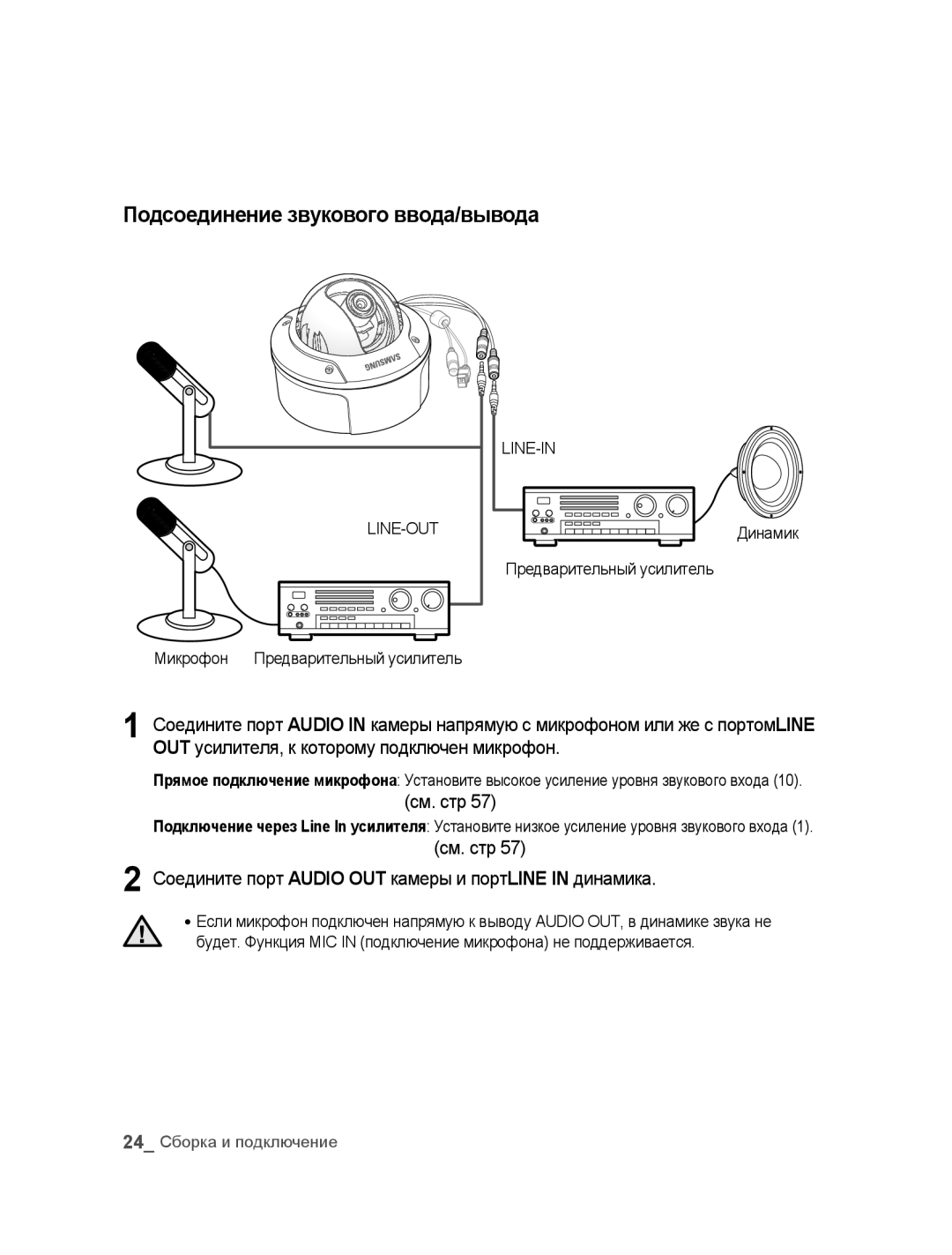 Samsung SNC-B5395P manual Подсоединение звукового ввода/вывода, См. стр, Микрофон Предварительный усилитель 