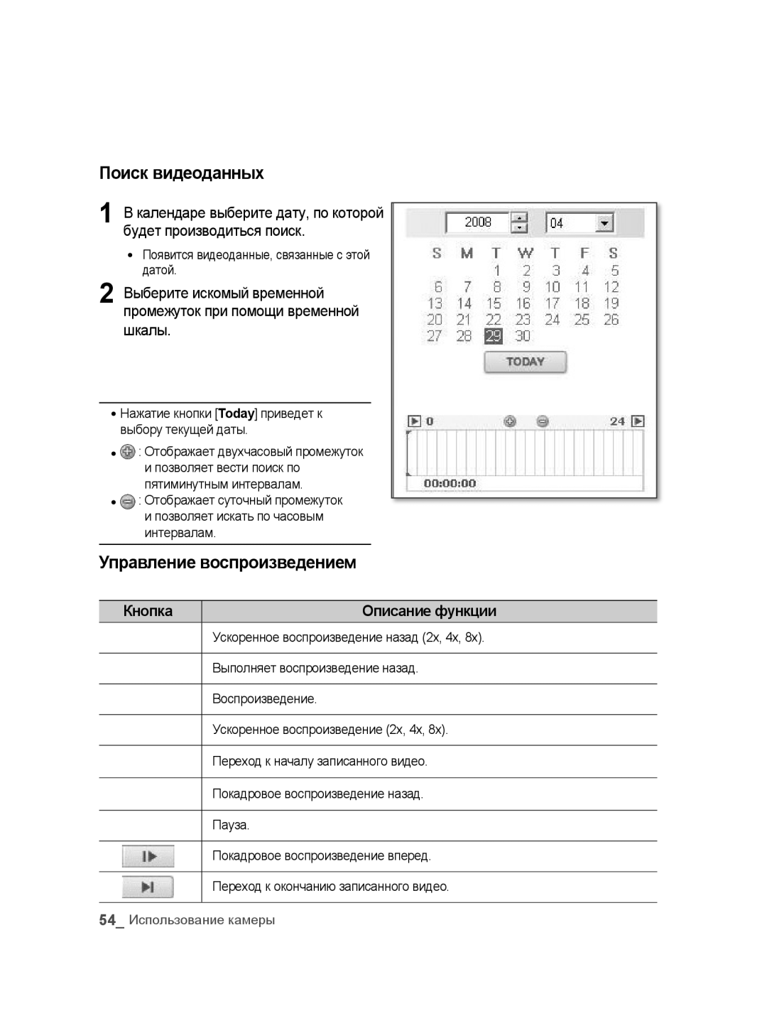 Samsung SNC-B5395P manual Поиск видеоданных, Управление воспроизведением, Кнопка Описание функции 