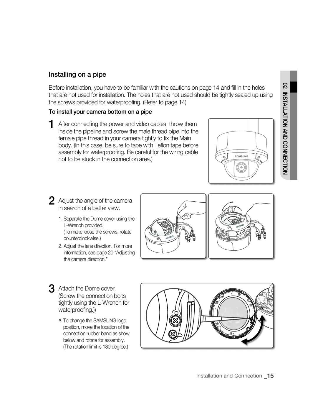 Samsung SNC-B5395P manual Installing on a pipe, To install your camera bottom on a pipe 