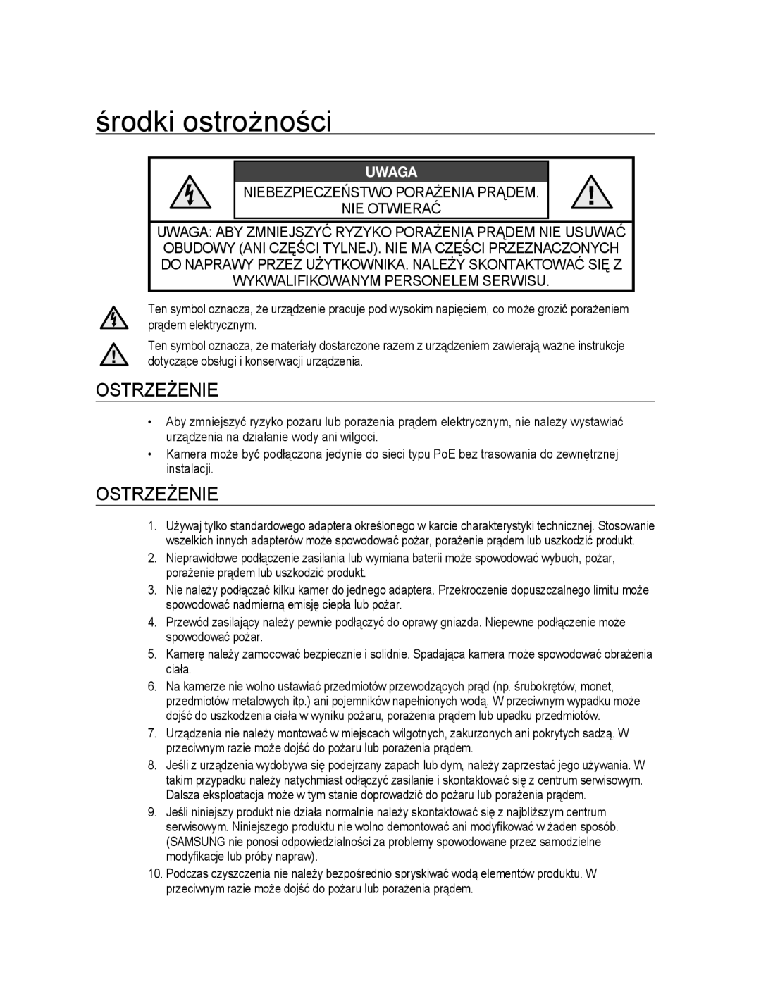 Samsung SNC-B5395P manual Środki ostrożności, Uwaga 