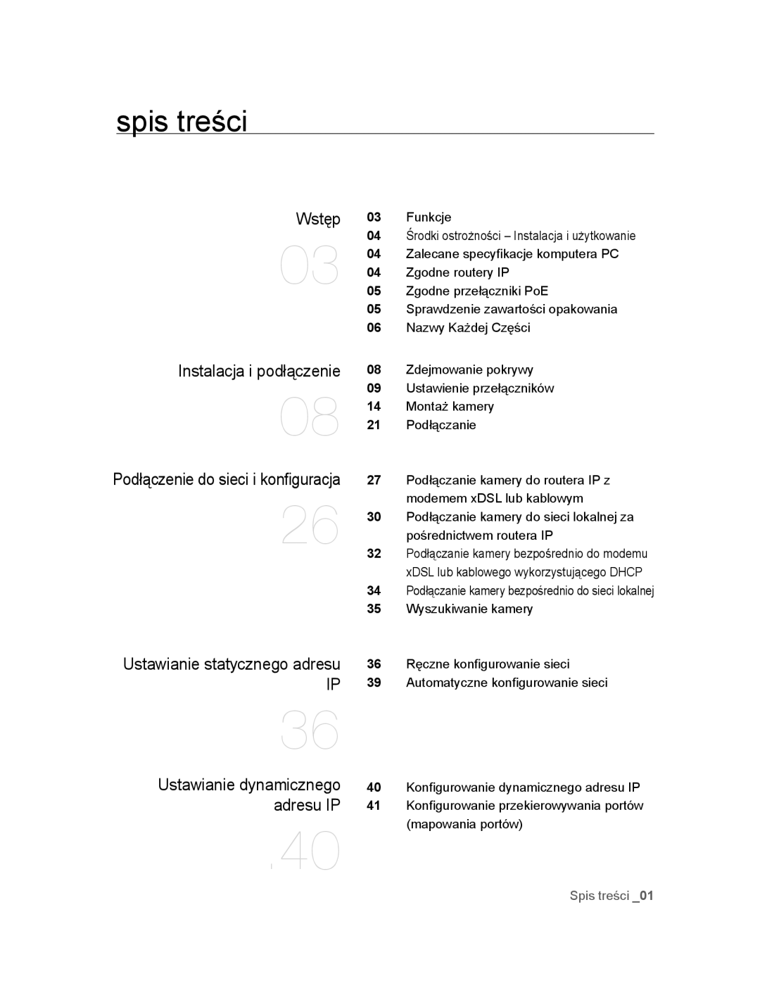 Samsung SNC-B5395P Spis treści, Instalacja i podłączenie, Ustawianie statycznego adresu, Ustawianie dynamicznego adresu IP 