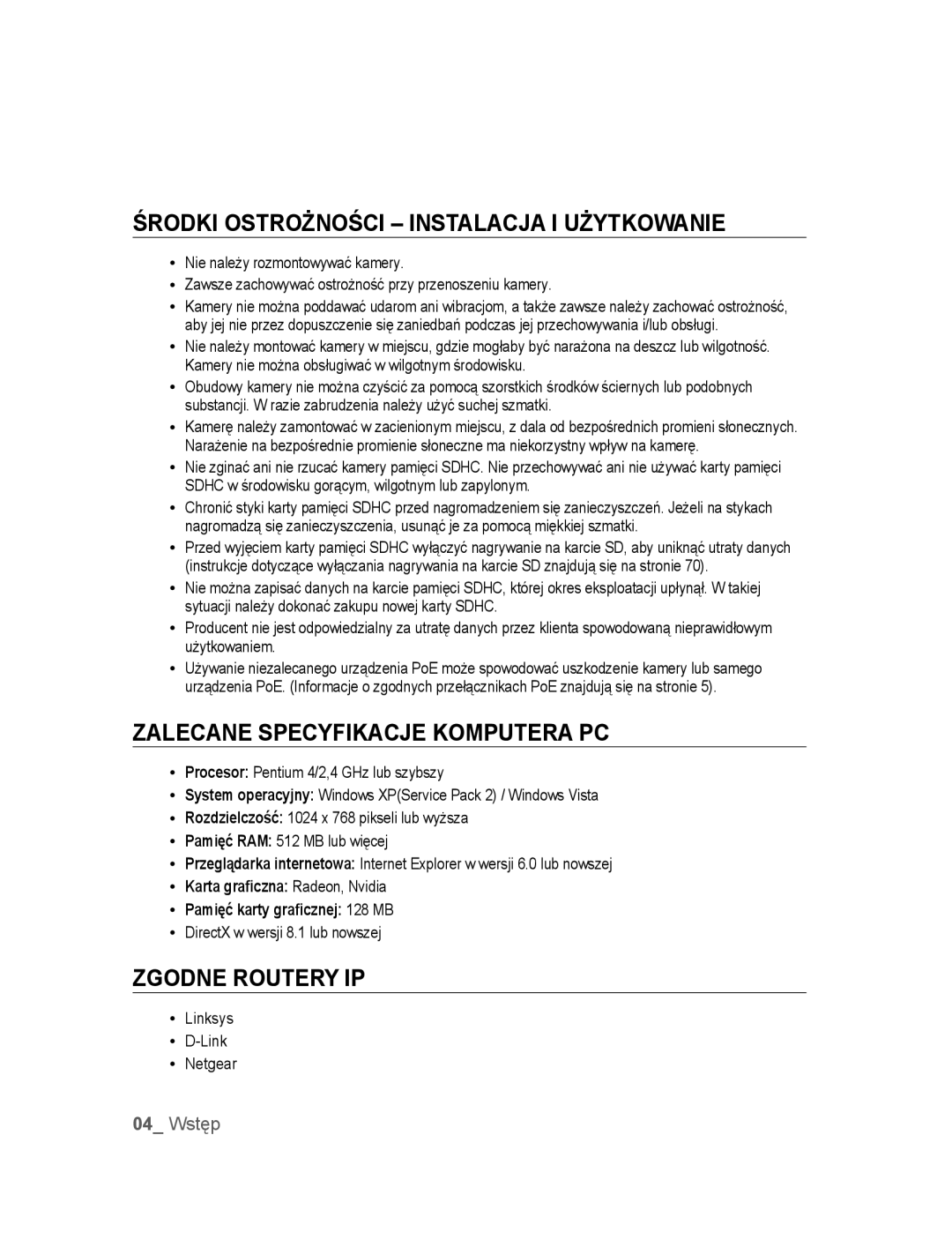 Samsung SNC-B5395P Środki Ostrożności Instalacja I Użytkowanie, Zalecane Specyfikacje Komputera PC, Zgodne Routery IP 