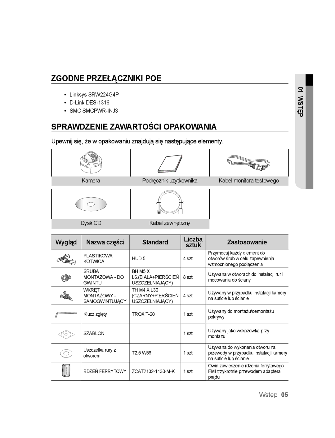 Samsung SNC-B5395P manual Zgodne Przełączniki POE, Sprawdzenie Zawartości Opakowania, Kamera Podręcznik użytkownika 