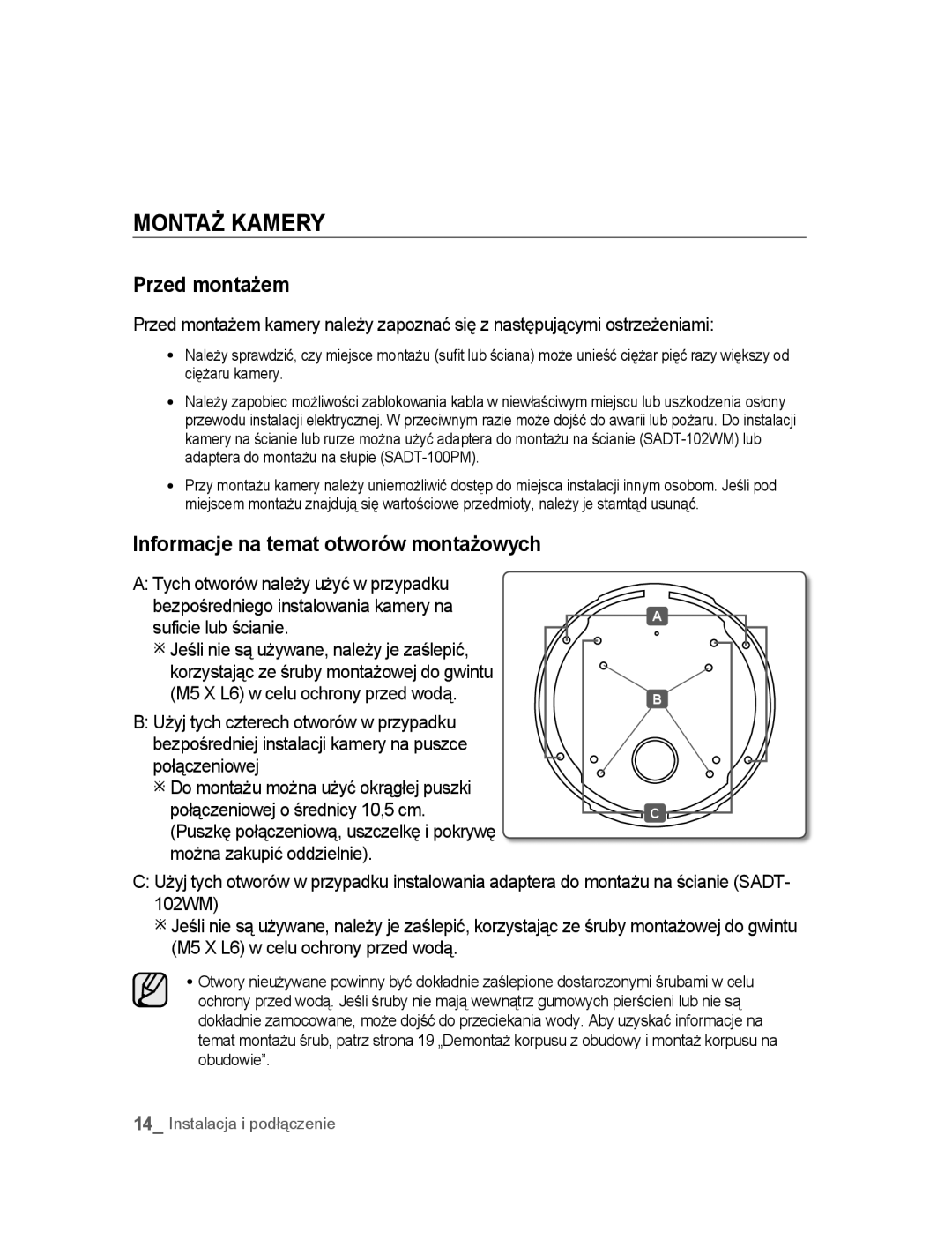 Samsung SNC-B5395P manual Montaż Kamery, Przed montażem, Informacje na temat otworów montażowych 