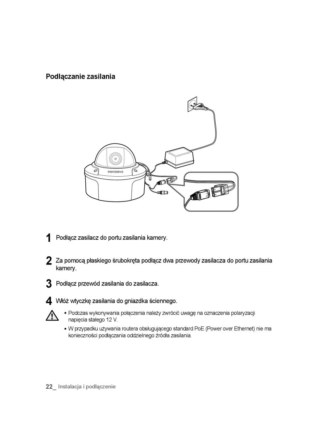 Samsung SNC-B5395P manual Podłączanie zasilania, Podłącz zasilacz do portu zasilania kamery 