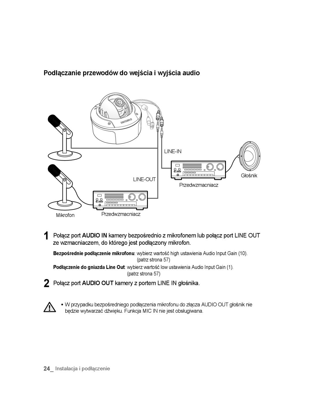 Samsung SNC-B5395P Podłączanie przewodów do wejścia i wyjścia audio, Mikrofon Przedwzmacniacz, Głośnik Przedwzmacniacz 