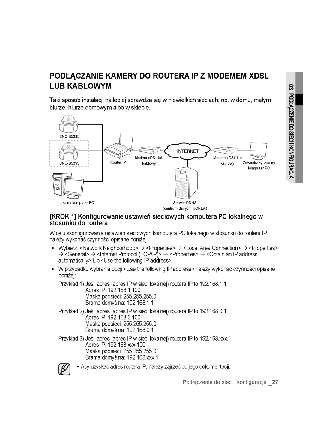 Samsung SNC-B5395P manual Podłączanie Kamery do Routera IP Z Modemem Xdsl LUB Kablowym 