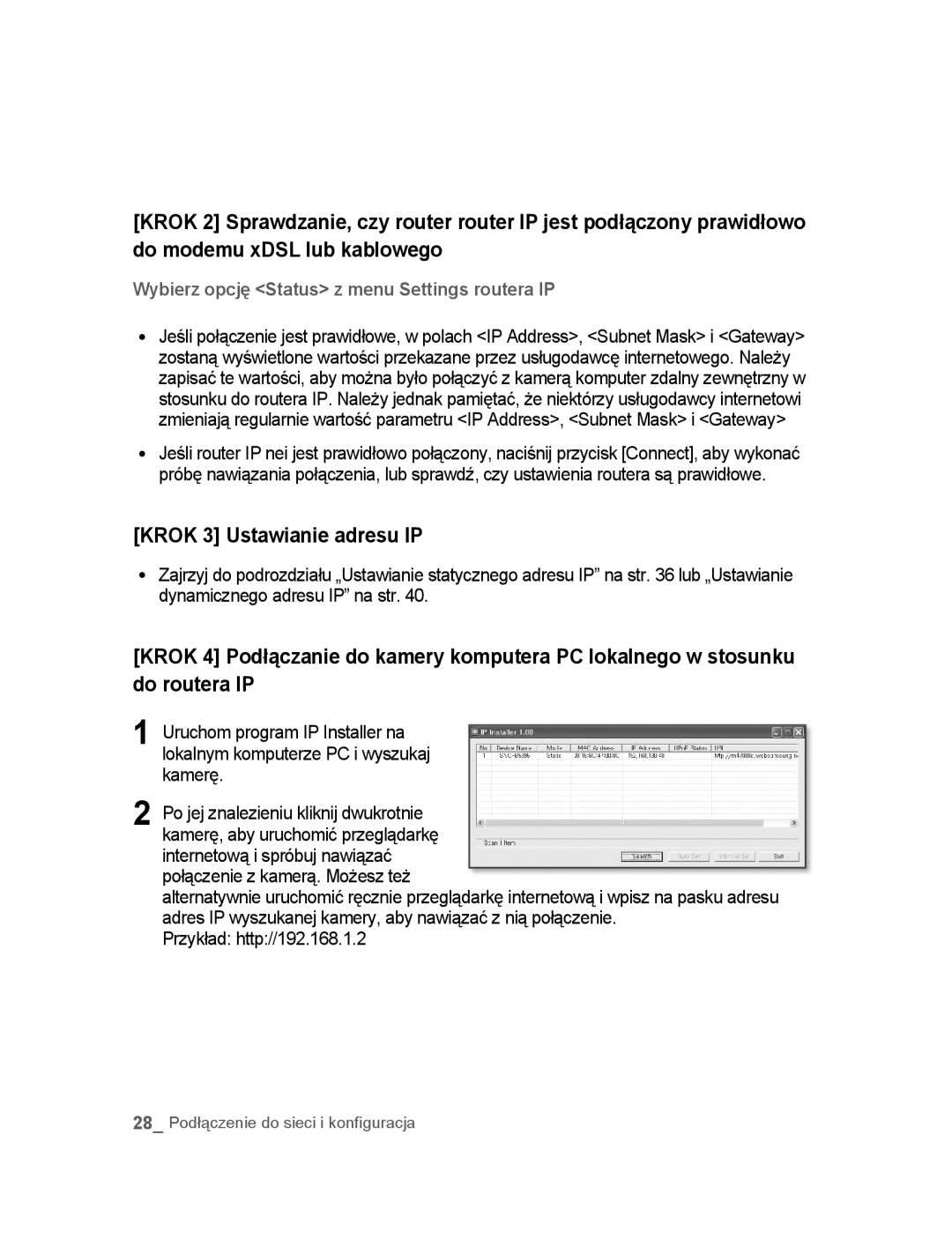 Samsung SNC-B5395P manual Krok 3 Ustawianie adresu IP, Przykład http//192.168.1.2 