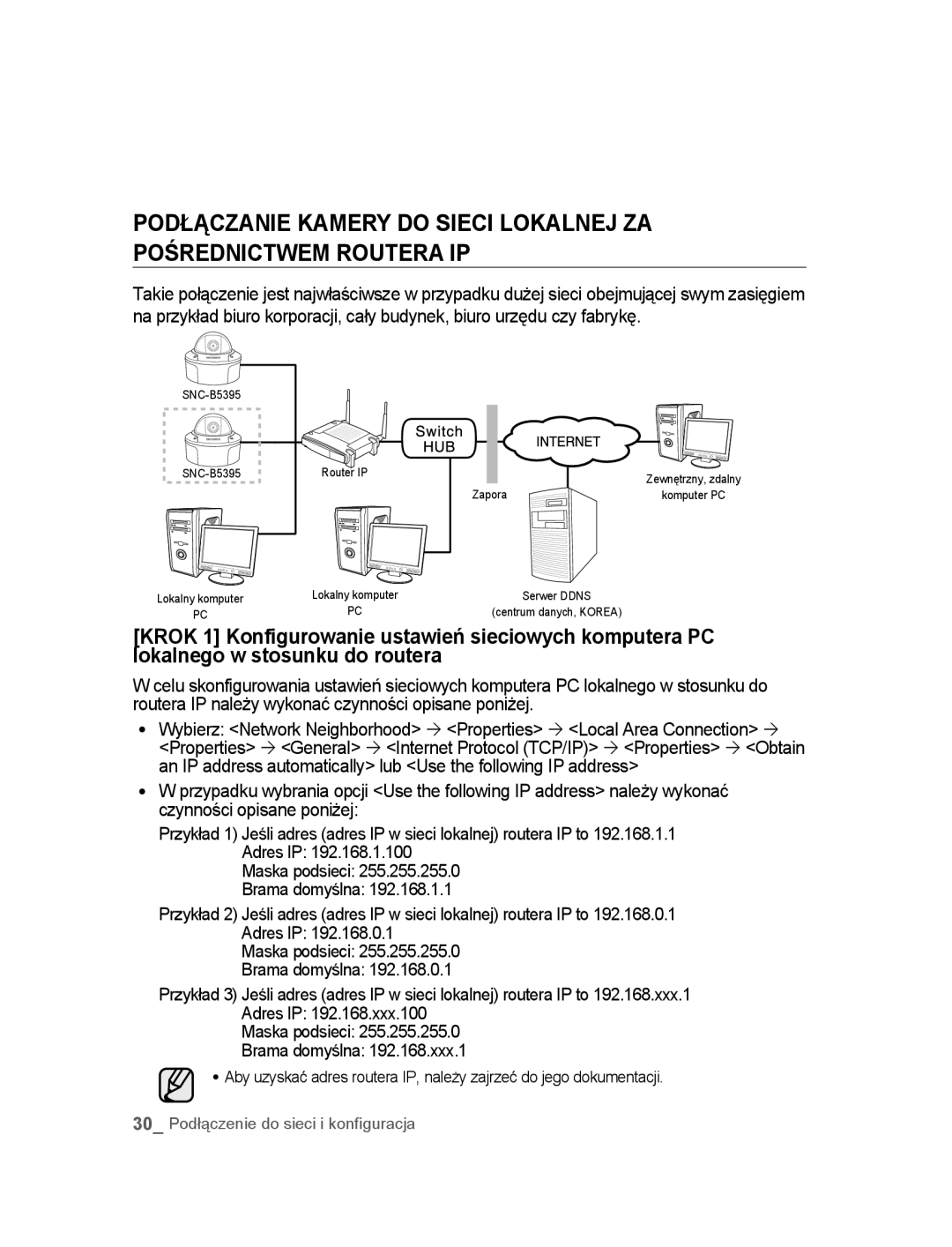 Samsung SNC-B5395P manual 30 Podłączenie do sieci i konfiguracja 