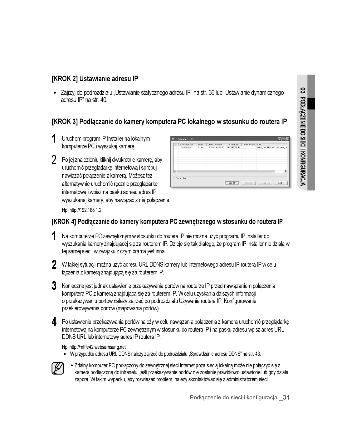 Samsung SNC-B5395P manual Krok 2 Ustawianie adresu IP, Tej samej sieci, w związku z czym brama jest inna 