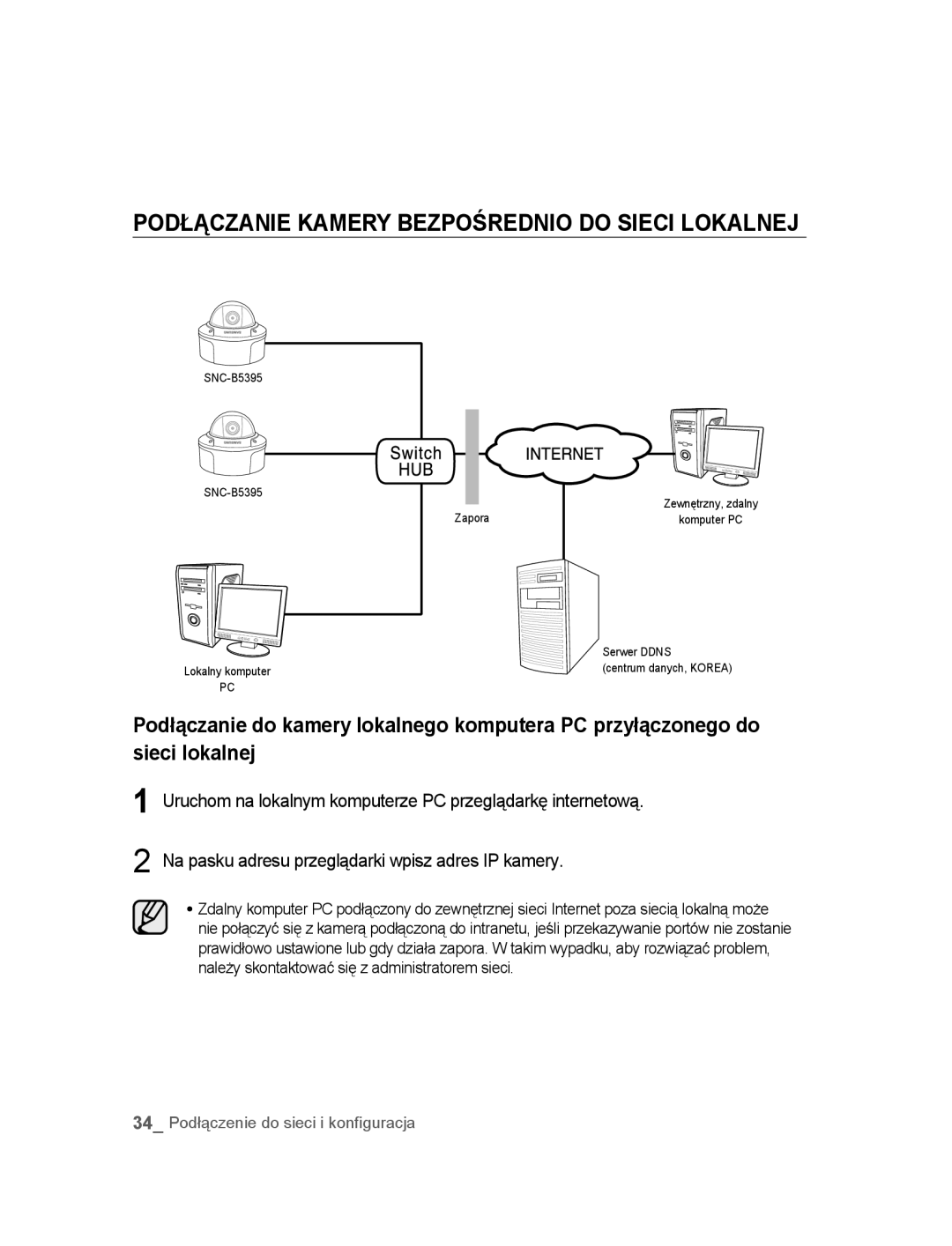 Samsung SNC-B5395P manual Podłączanie Kamery Bezpośrednio do Sieci Lokalnej 