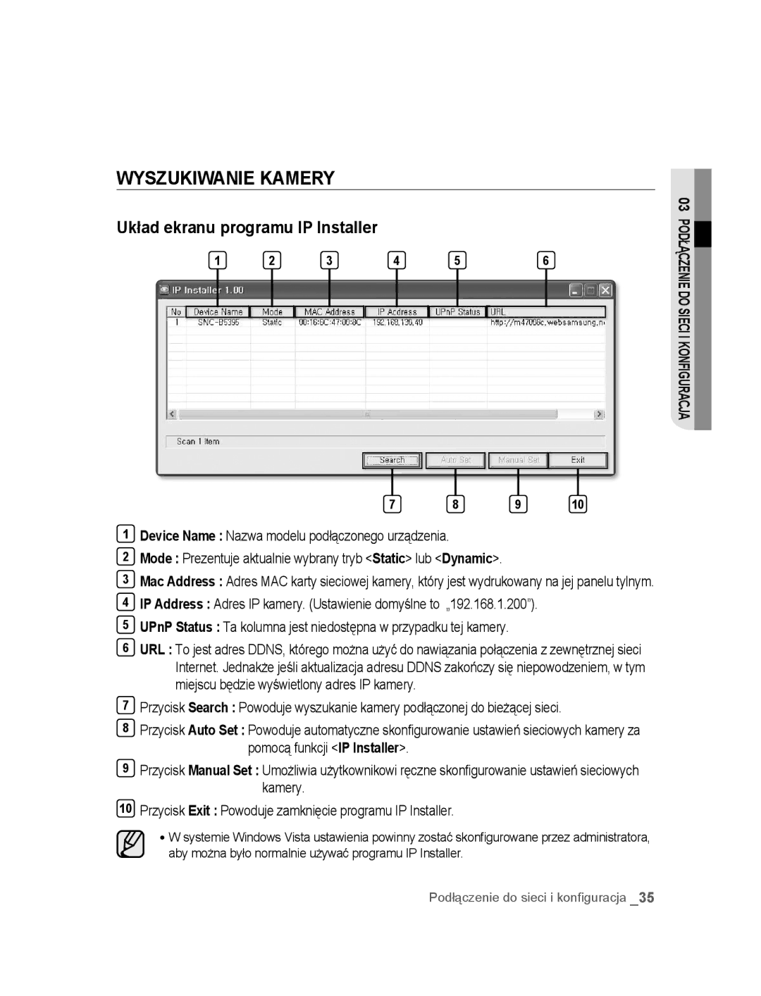 Samsung SNC-B5395P manual Wyszukiwanie Kamery, Układ ekranu programu IP Installer 