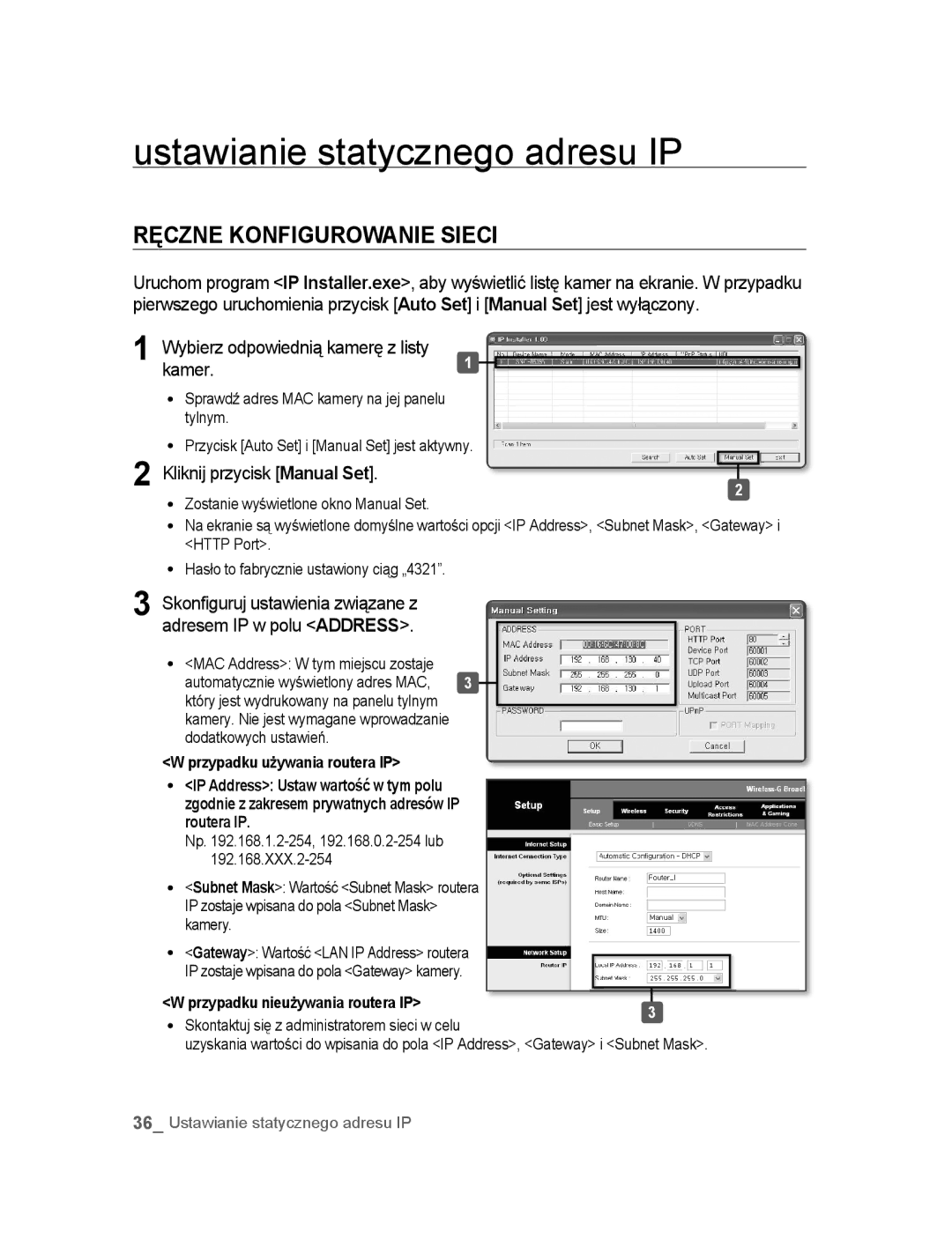 Samsung SNC-B5395P manual Ustawianie statycznego adresu IP, Ręczne Konfigurowanie Sieci, Kliknij przycisk Manual Set 