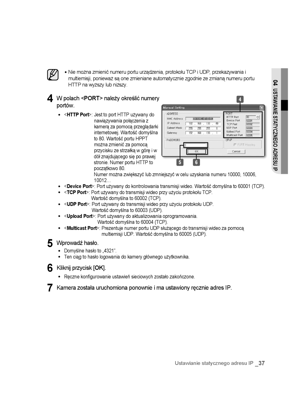 Samsung SNC-B5395P manual Polach Port należy określić numery Portów, Wprowadź hasło 