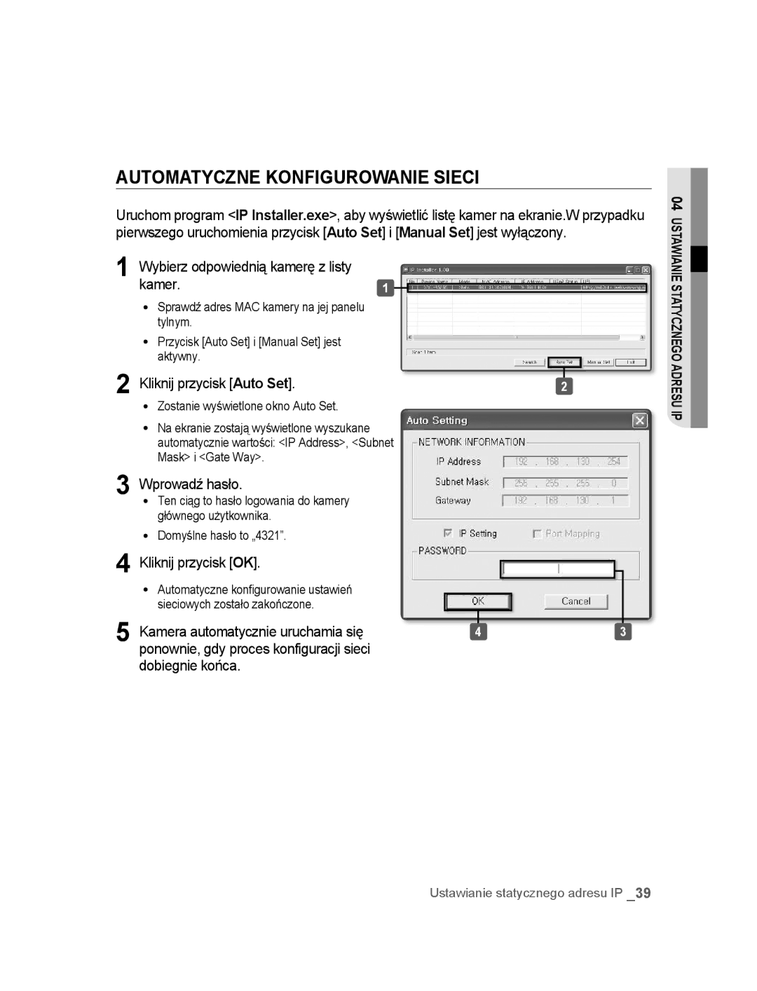 Samsung SNC-B5395P manual Automatyczne Konfigurowanie Sieci, Kamer, Kliknij przycisk Auto Set, Kliknij przycisk OK 