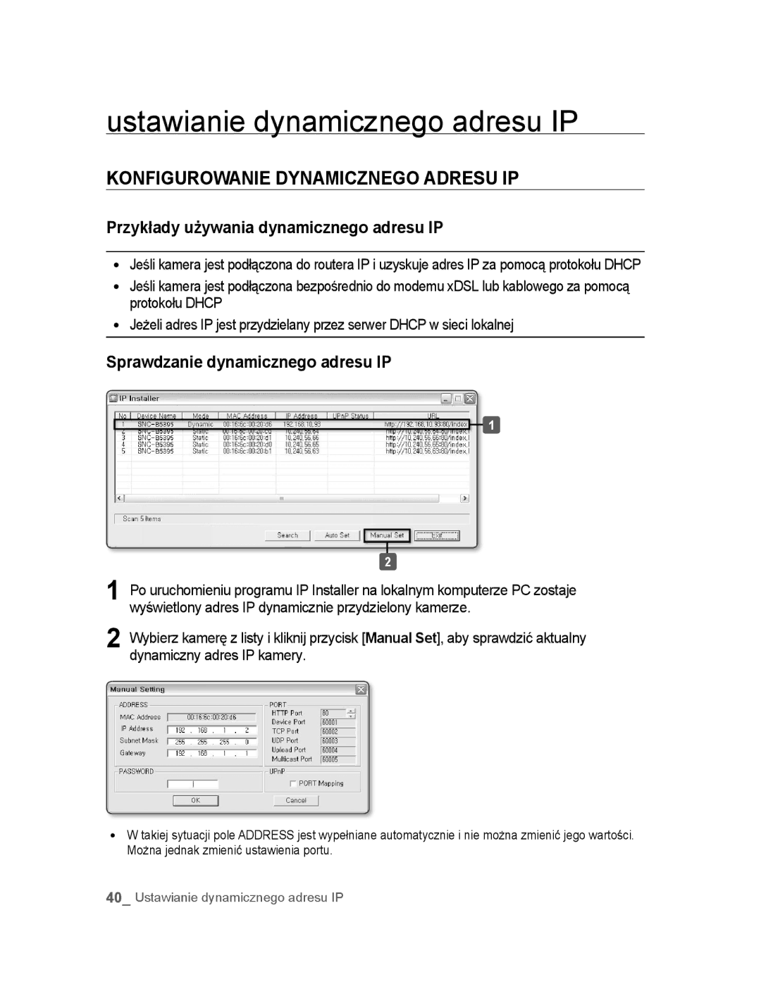 Samsung SNC-B5395P manual Ustawianie dynamicznego adresu IP, Konfigurowanie Dynamicznego Adresu IP 