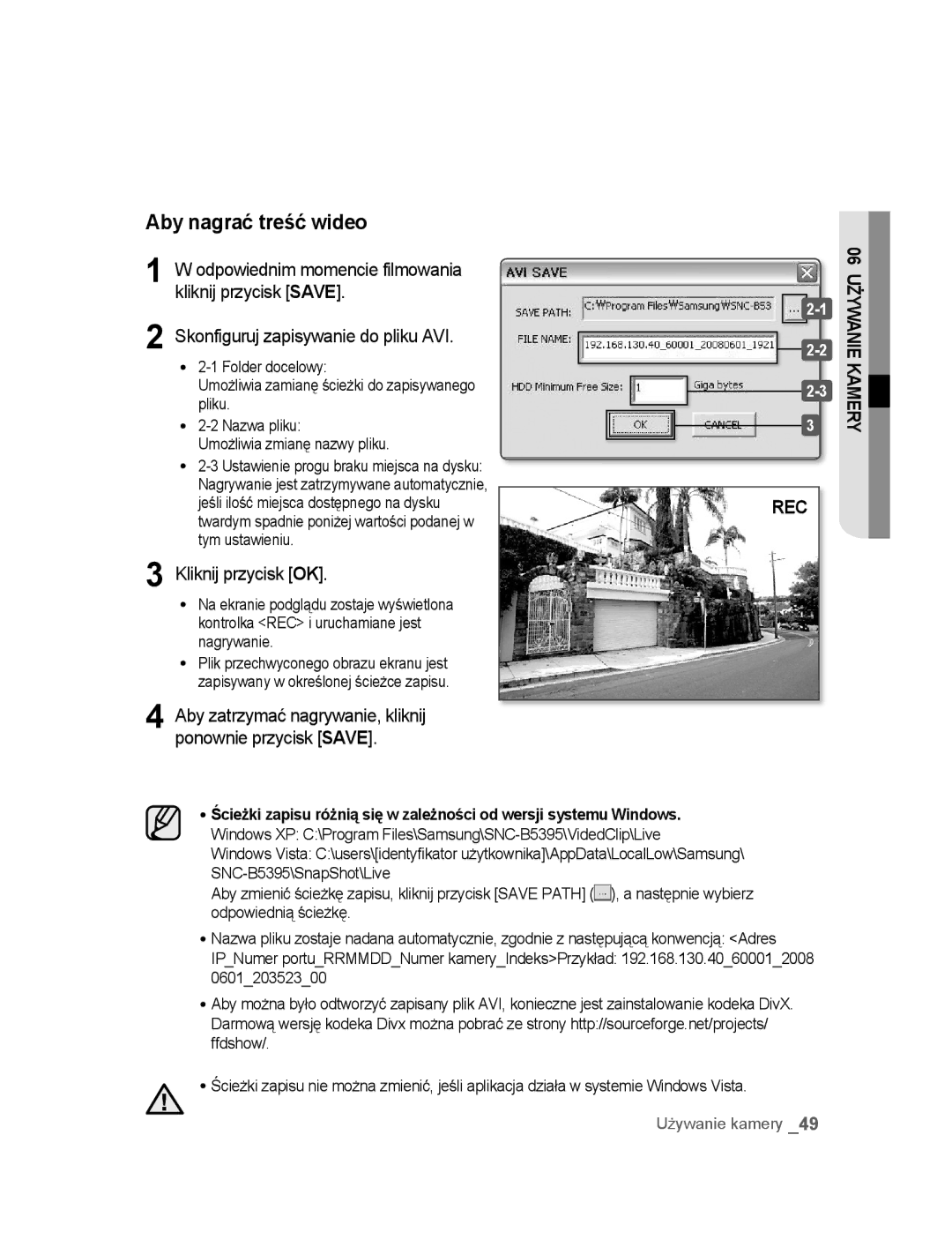 Samsung SNC-B5395P manual Aby nagrać treść wideo, Aby zatrzymać nagrywanie, kliknij ponownie przycisk Save 