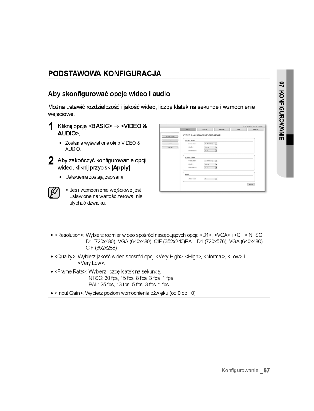 Samsung SNC-B5395P manual Podstawowa Konfiguracja, Aby skonfigurować opcje wideo i audio, Zostanie wyświetlone okno Video 