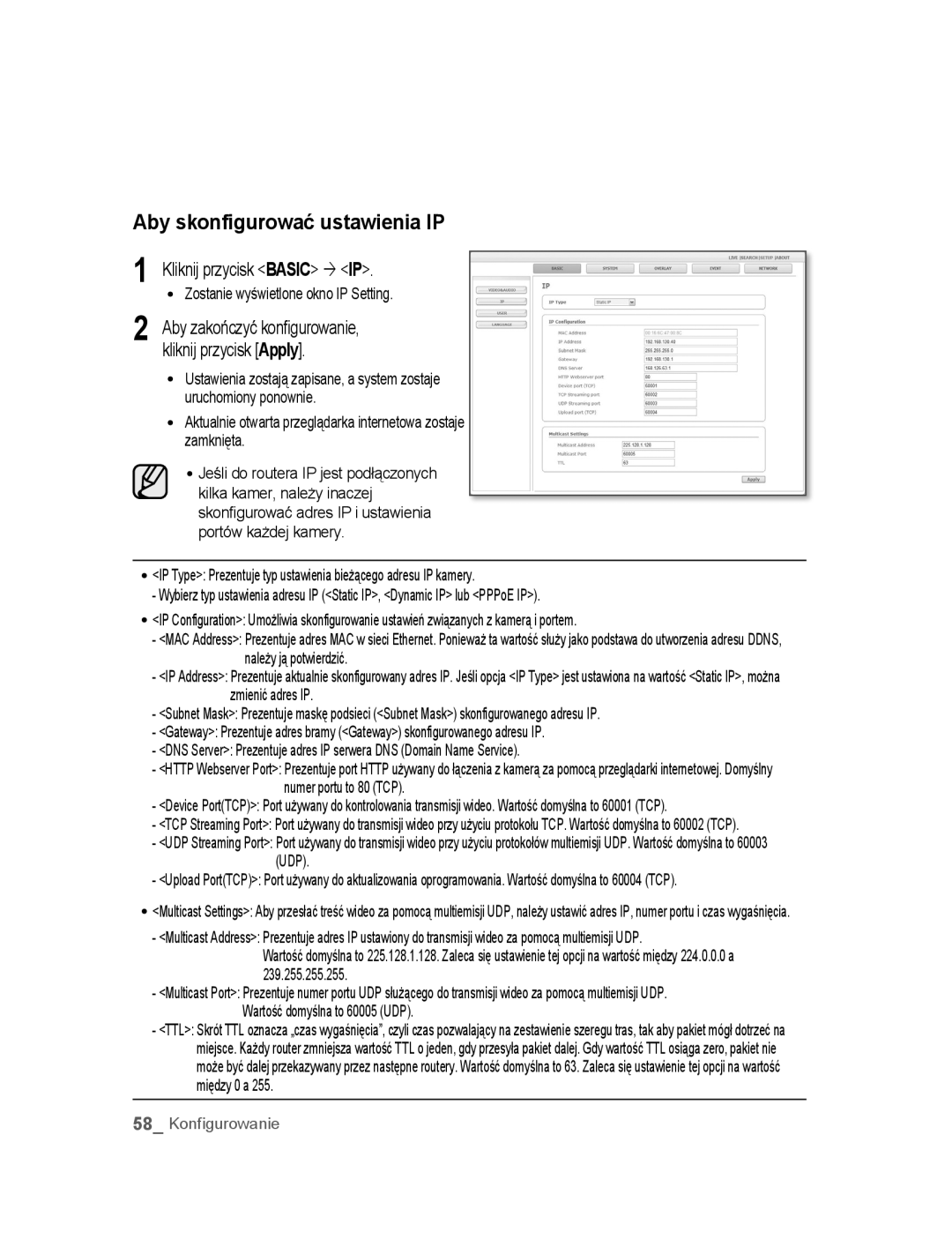 Samsung SNC-B5395P Aby skonfigurować ustawienia IP, Kliknij przycisk Basic ´ IP, Zostanie wyświetlone okno IP Setting 