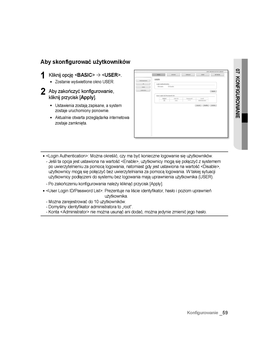 Samsung SNC-B5395P manual Aby skonfigurować użytkowników, Kliknij opcję Basic ´ User 