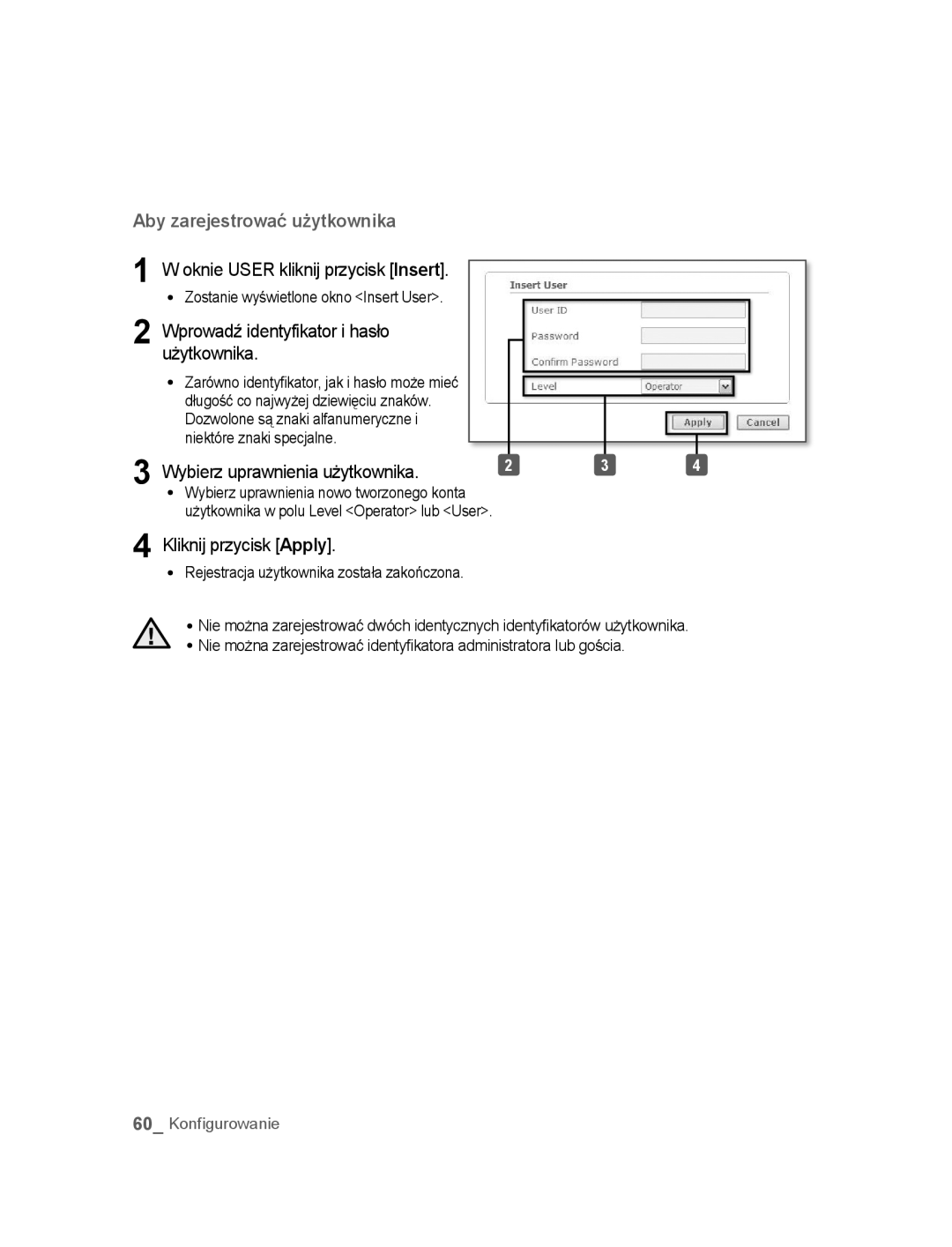 Samsung SNC-B5395P manual Kliknij przycisk Apply, Użytkownika w polu Level Operator lub User 