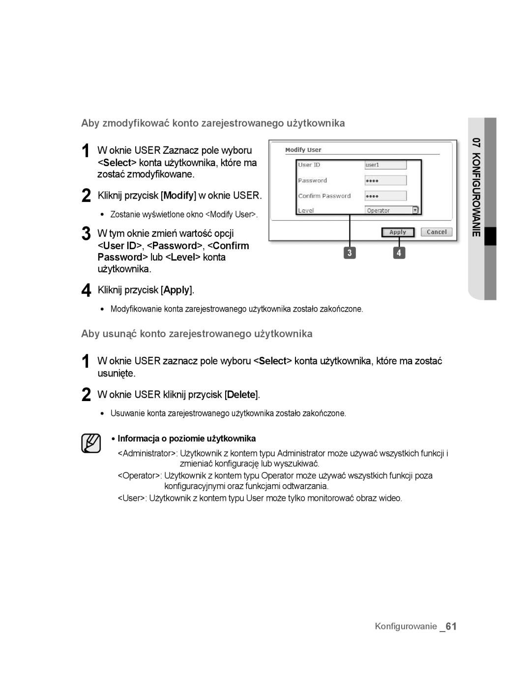 Samsung SNC-B5395P manual Tym oknie zmień wartość opcji User ID, Password, Confirm, Informacja o poziomie użytkownika 