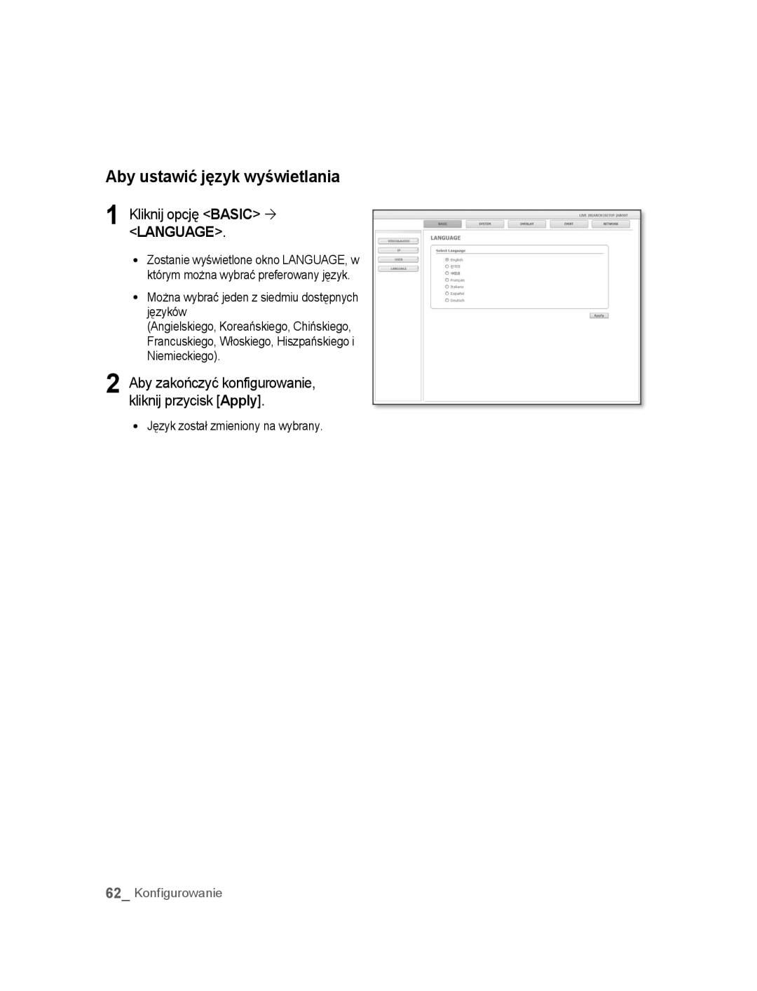 Samsung SNC-B5395P manual Aby ustawić język wyświetlania, Kliknij opcję Basic ´ Language 