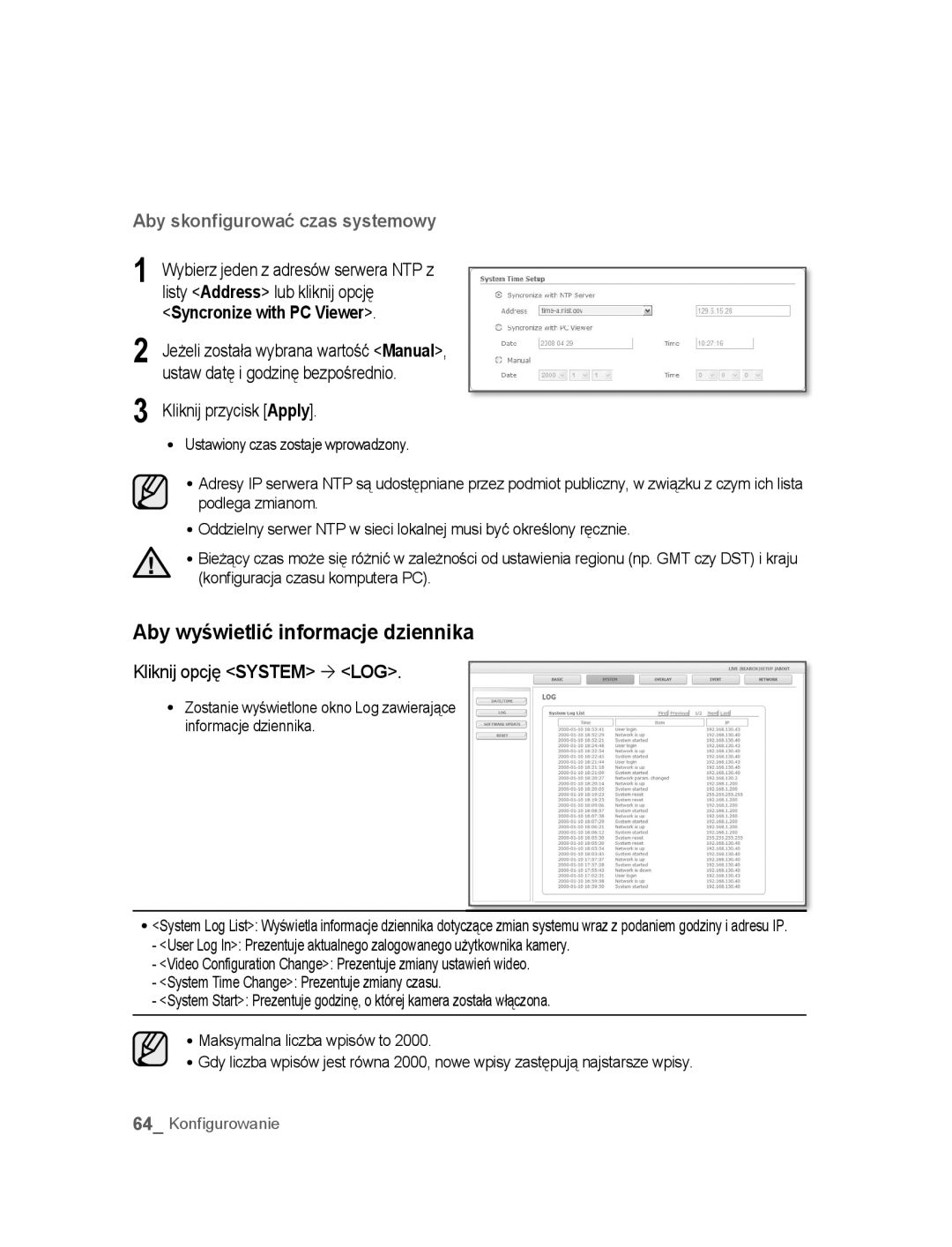 Samsung SNC-B5395P manual Aby wyświetlić informacje dziennika, Listy Address lub kliknij opcję, Kliknij opcję System ´ LOG 