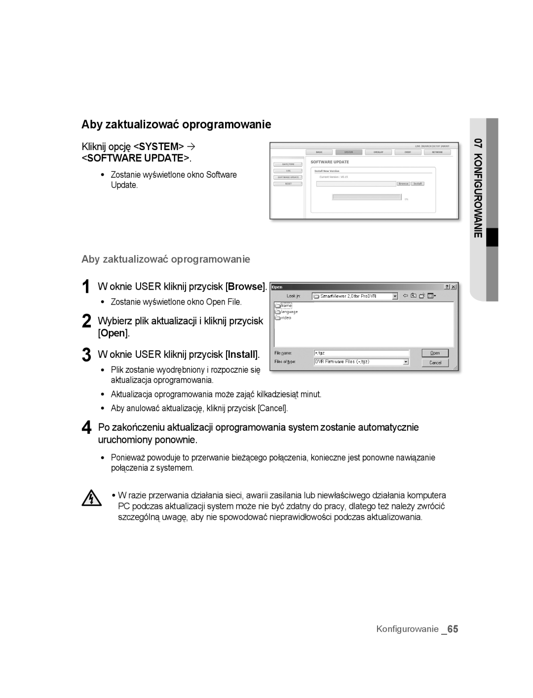 Samsung SNC-B5395P Aby zaktualizować oprogramowanie, Kliknij opcję System ´, Zostanie wyświetlone okno Software Update 