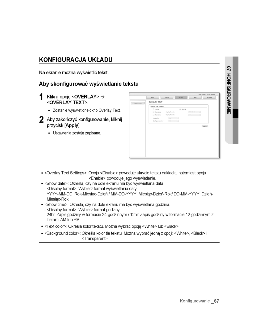 Samsung SNC-B5395P manual Konfiguracja Układu, Aby skonfigurować wyświetlanie tekstu, Na ekranie można wyświetlić tekst 