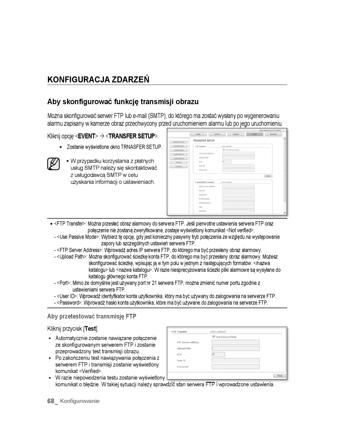 Samsung SNC-B5395P Konfiguracja Zdarzeń, Aby skonfigurować funkcję transmisji obrazu, Kliknij opcję Event ´ Transfer Setup 