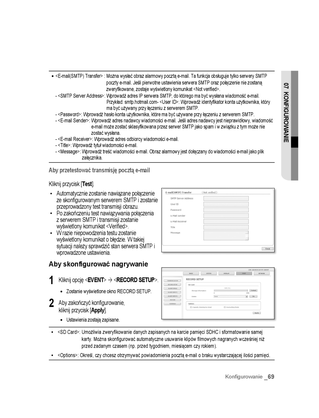 Samsung SNC-B5395P manual Aby skonfigurować nagrywanie, Po zakończeniu test nawiązywania połączenia, Załącznika 