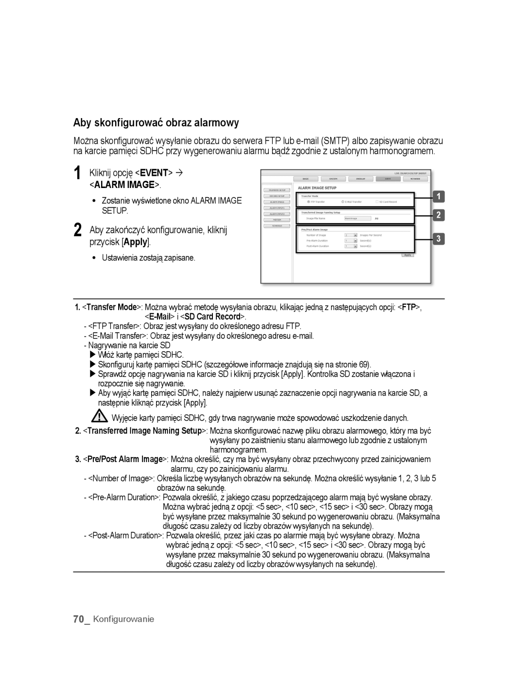 Samsung SNC-B5395P manual Aby skonfigurować obraz alarmowy, Kliknij opcję Event ´, Przycisk Apply 