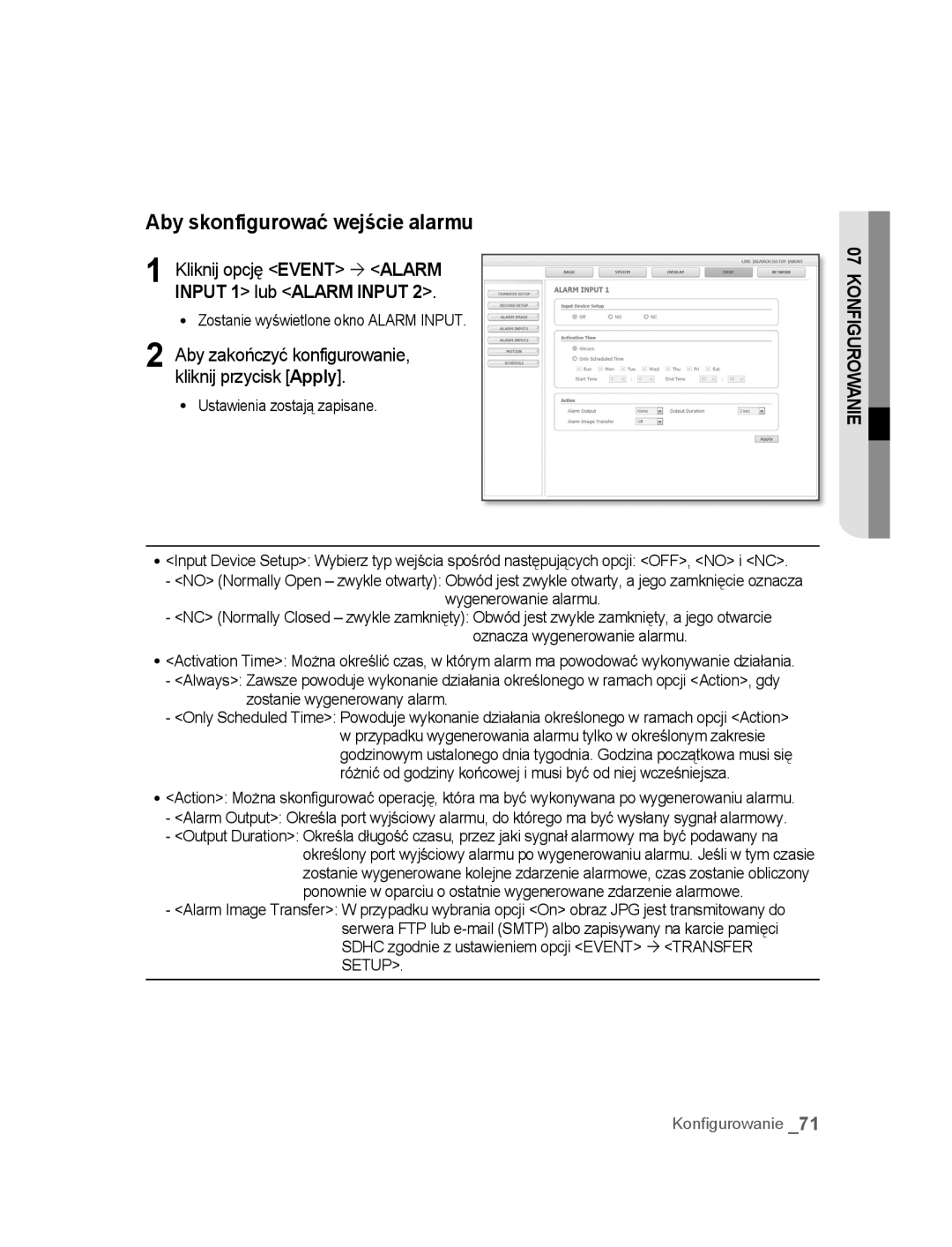 Samsung SNC-B5395P manual Aby skonfigurować wejście alarmu, Kliknij opcję Event ´ Alarm Input 1 lub Alarm Input 