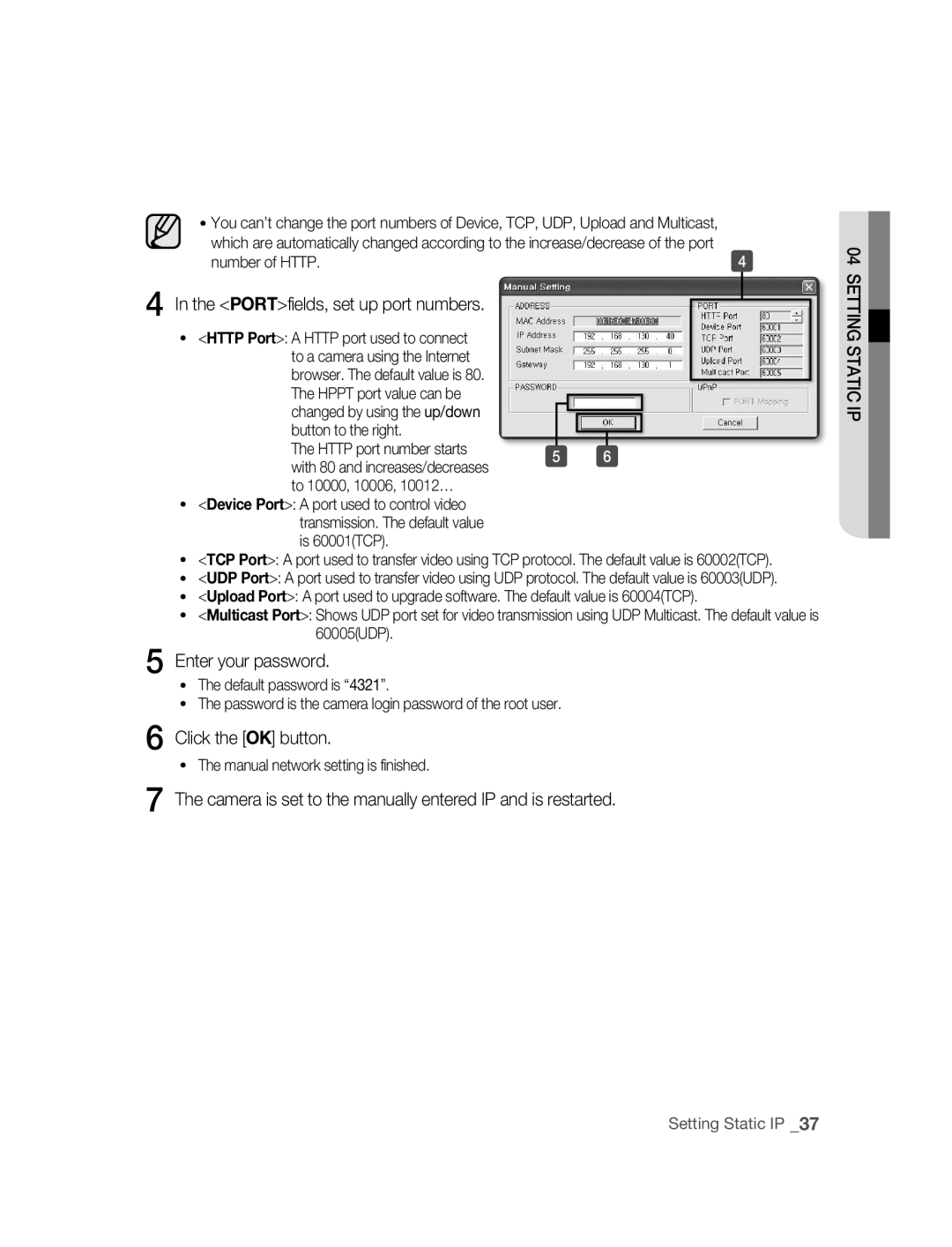 Samsung SNC-B5395P manual PORTfields, set up port numbers, Enter your password, Number of Http, Is 60001TCP 