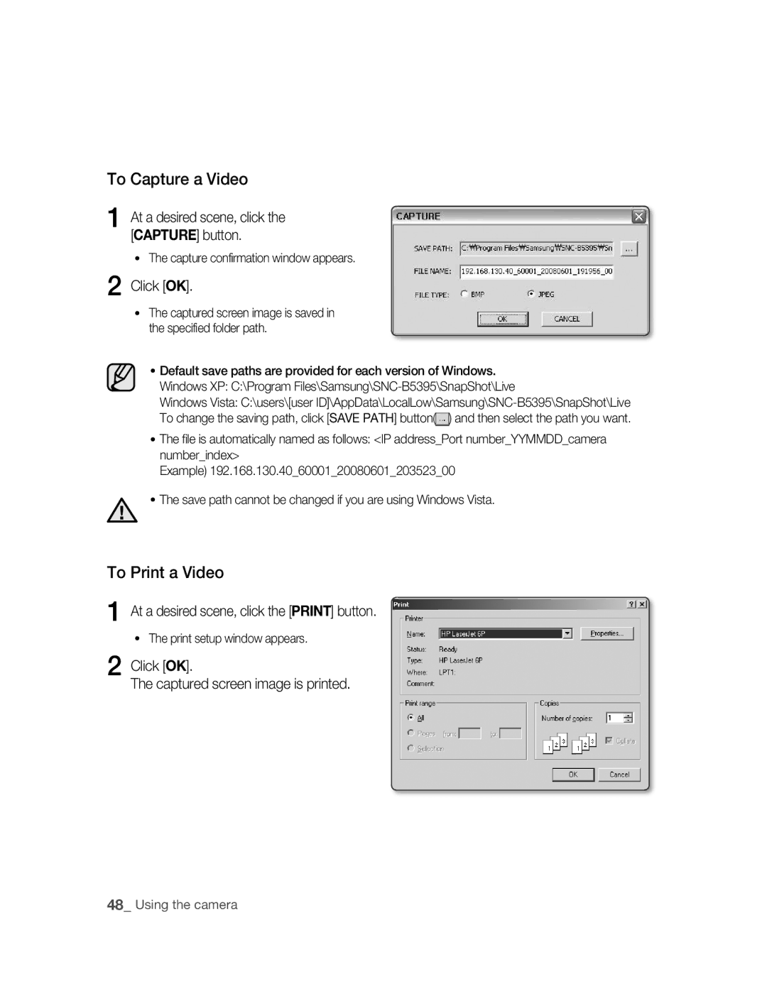 Samsung SNC-B5395P manual To Capture a Video, To Print a Video, Click OK, At a desired scene, click the Print button 