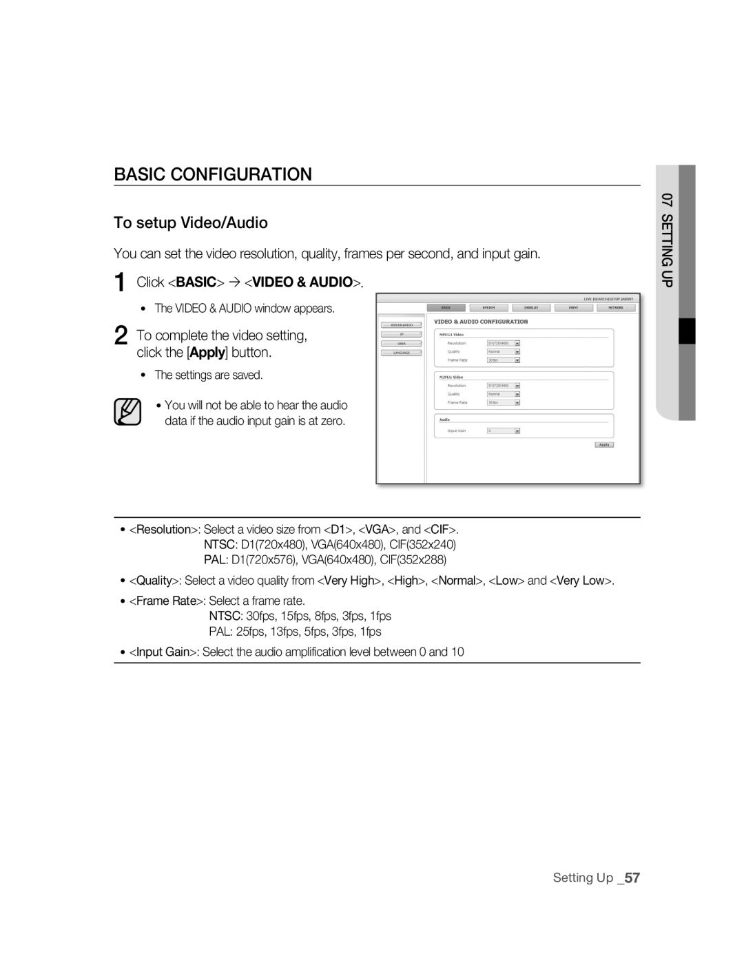 Samsung SNC-B5395P manual To setup Video/Audio, Click Basic  Video & Audio 