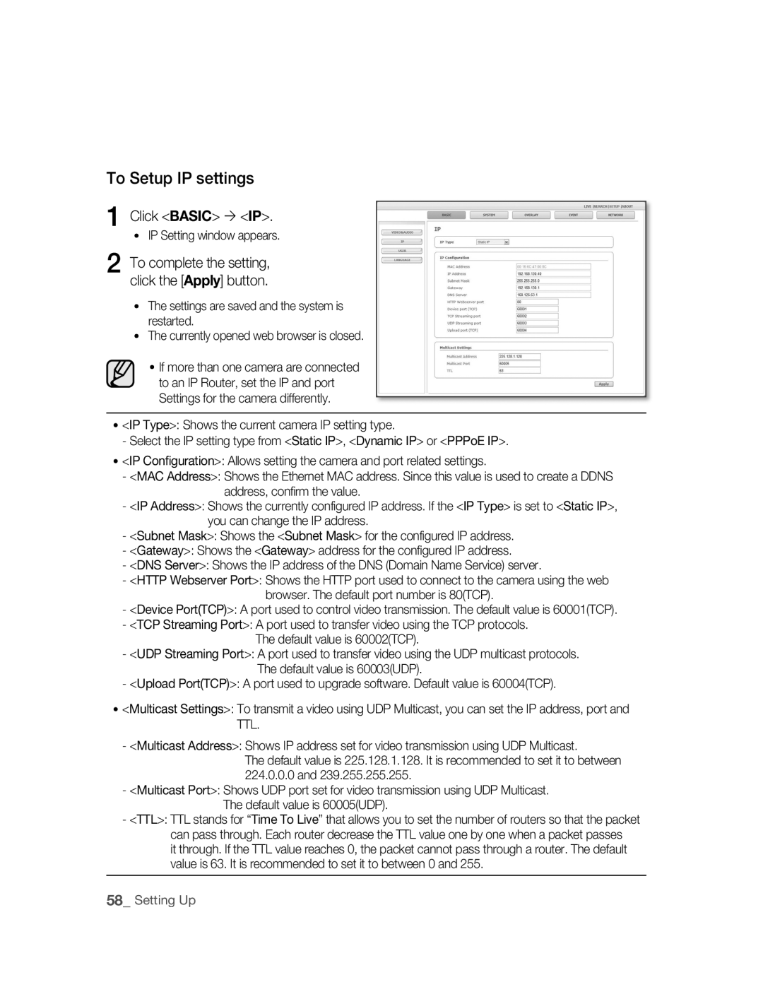 Samsung SNC-B5395P manual To Setup IP settings, Click Basic  IP, IP Type Shows the current camera IP setting type 