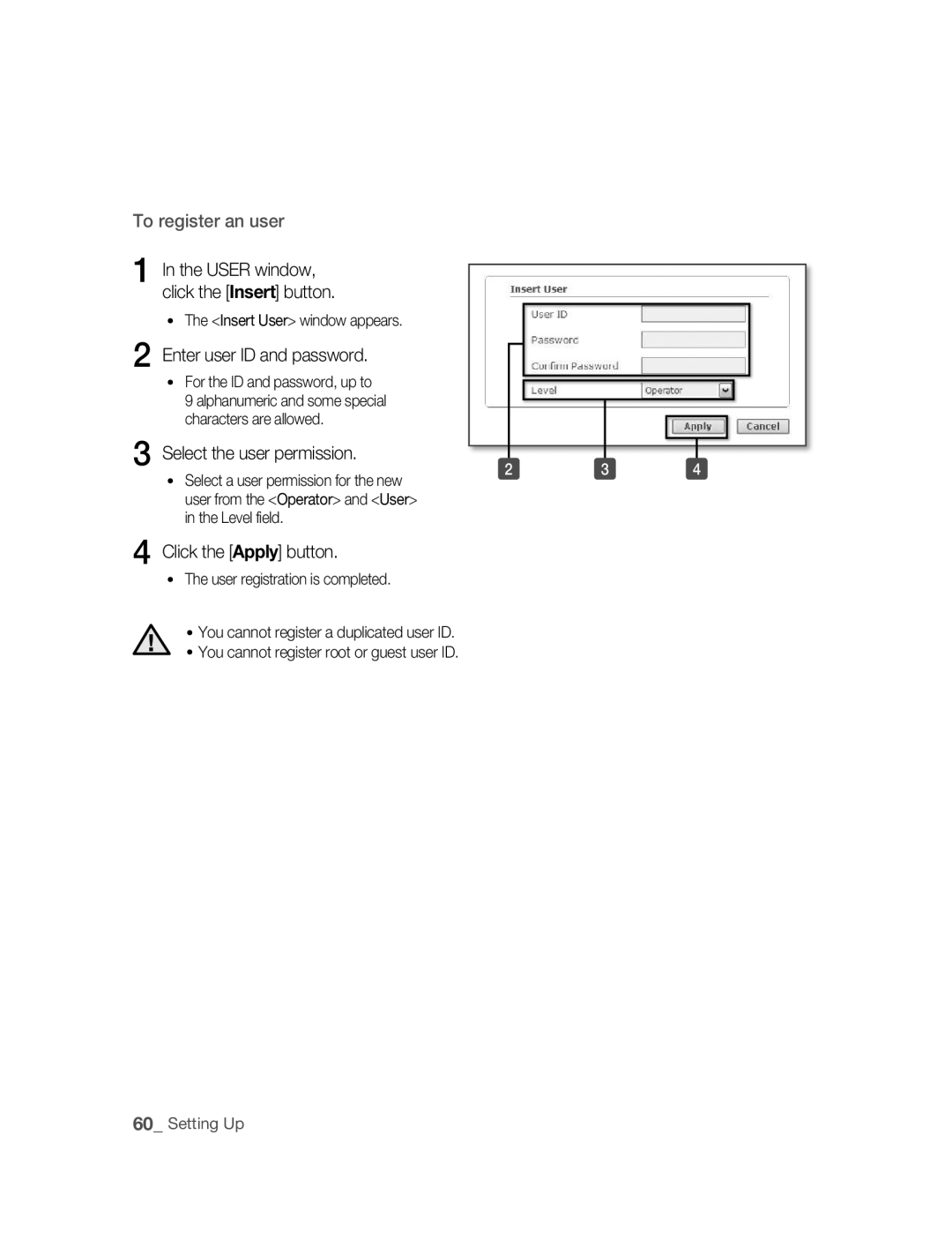 Samsung SNC-B5395P manual Enter user ID and password, Click the Apply button, For the ID and password, up to 