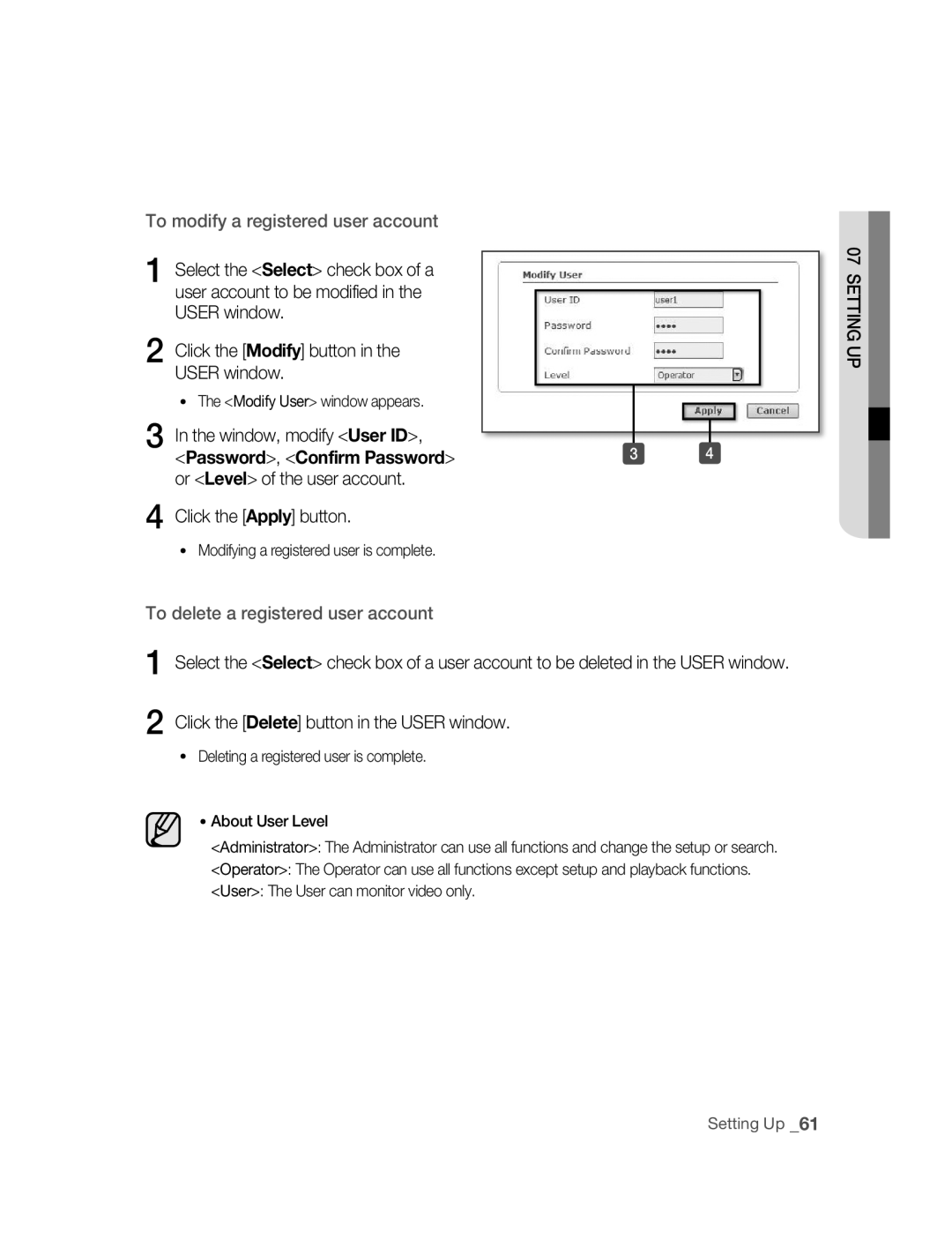 Samsung SNC-B5395P Window, modify User ID, Password, Confirm Password, Or Level of the user account Click the Apply button 