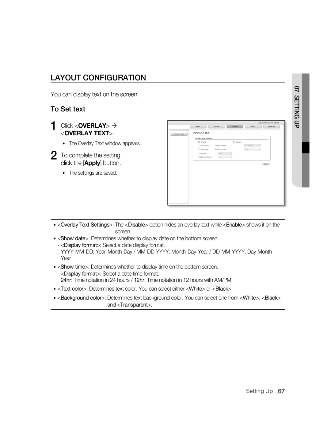 Samsung SNC-B5395P LAyOUT Configuration, To Set text, You can display text on the screen, Click Overlay , Transparent 